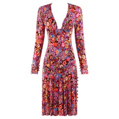 Gianni Versace F/W 2002 Star Flower Collage Print Plunge Neck Fit & Flare Dress