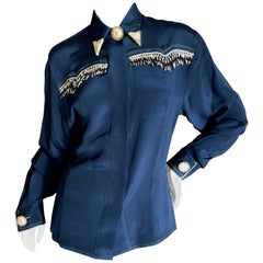 Gianni Versace Fall 1992 Black Silk Western Shirt with Beaded Fringe
