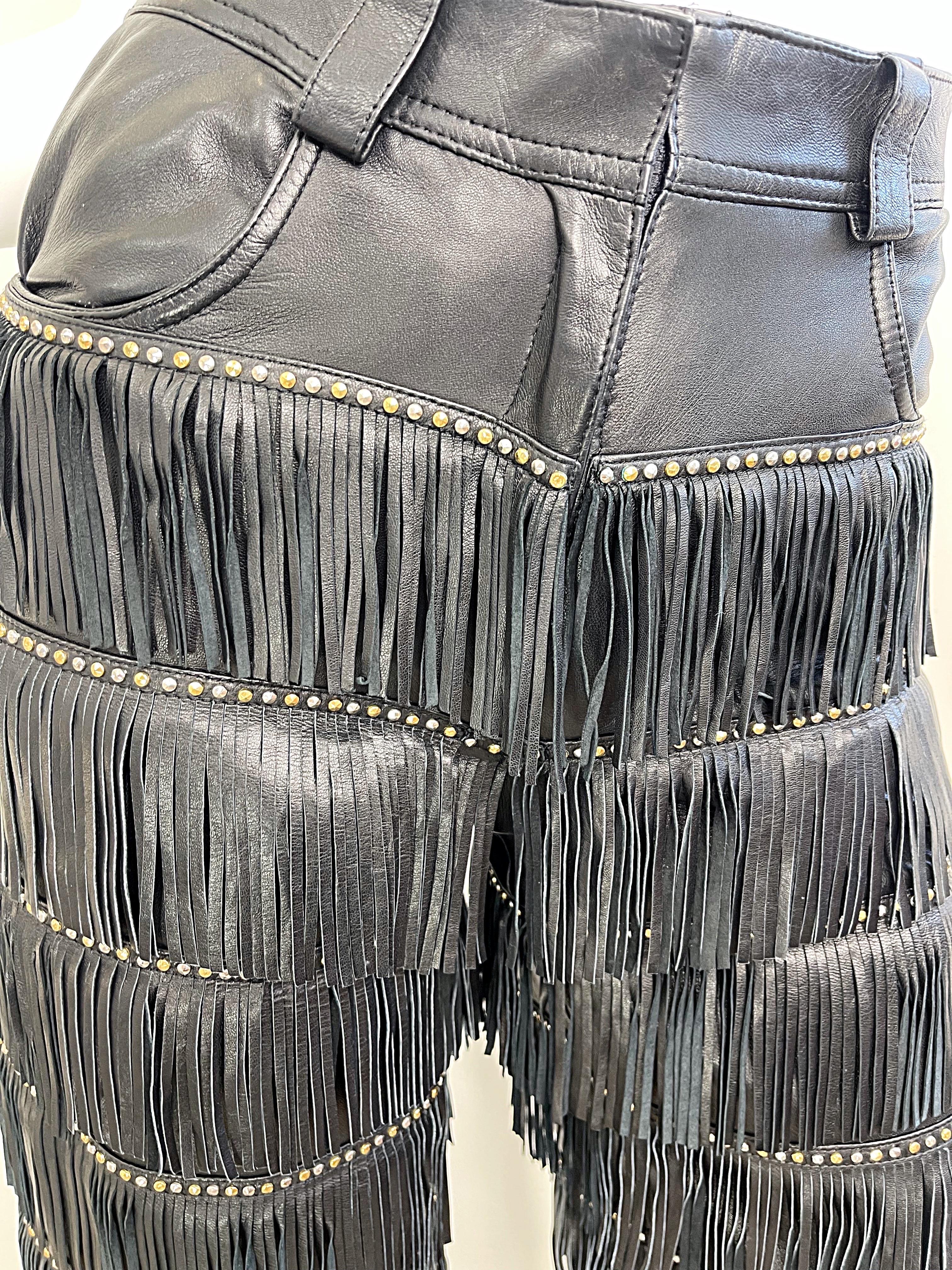 Gianni Versace Collezione Autunno 1992 Bondage A&M Pantaloni da passerella in pelle con frange 92 in vendita 6