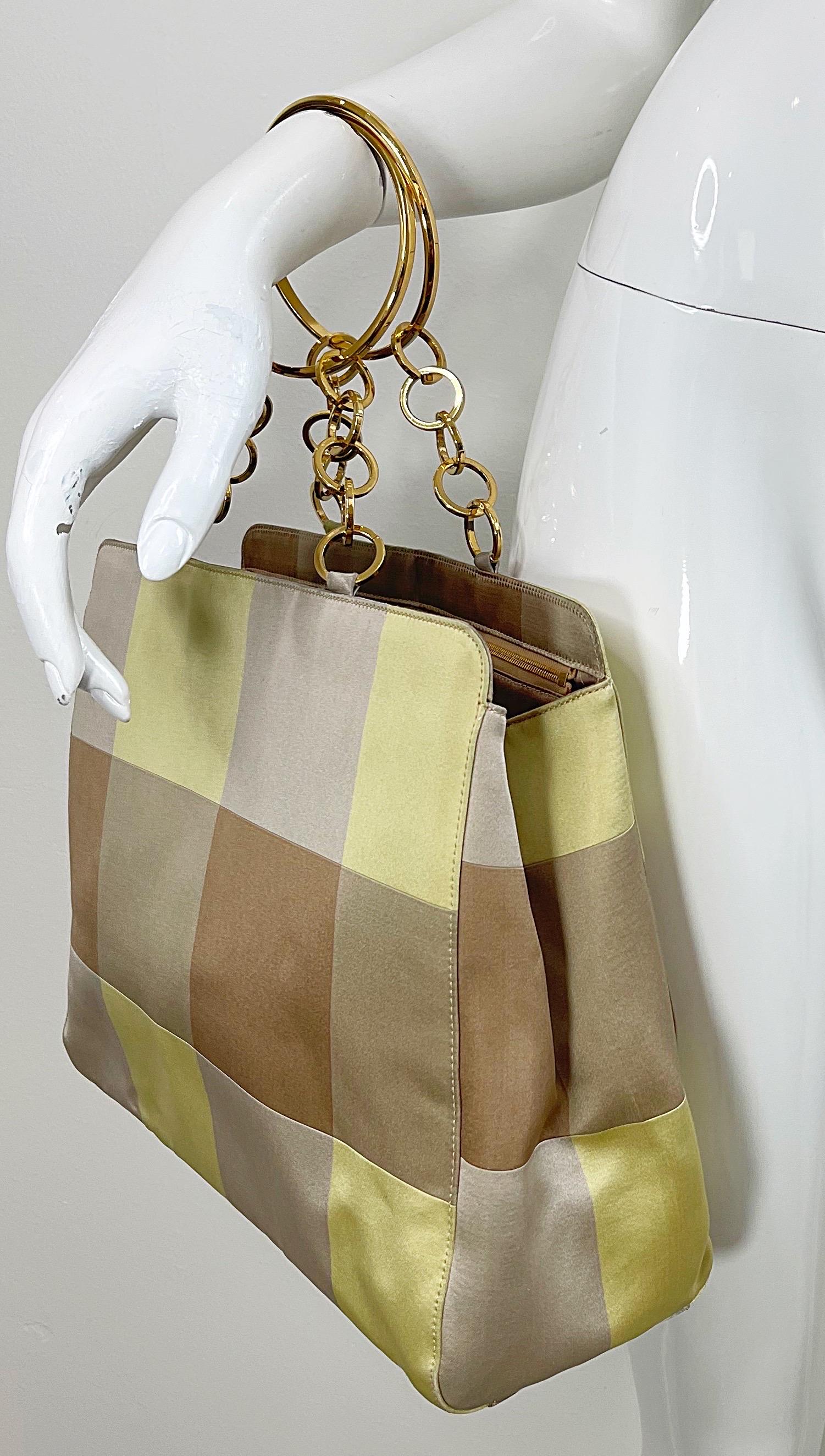 Beige Gianni Versace Fall 2000 Runway Yellow + Tan Nude Silk Gold Chain Handbag Purse For Sale