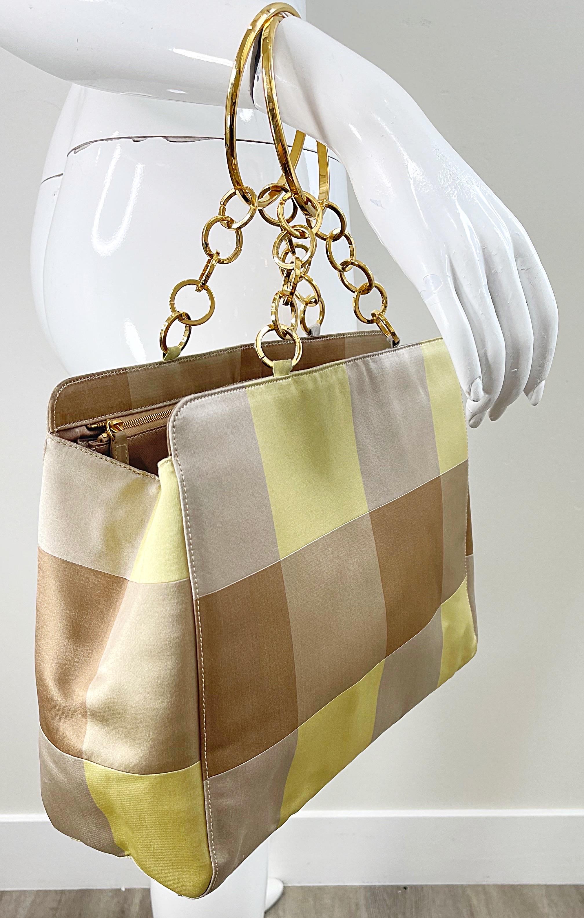 Gianni Versace Fall 2000 Runway Yellow + Tan Nude Silk Gold Chain Handbag Purse In Good Condition For Sale In San Diego, CA
