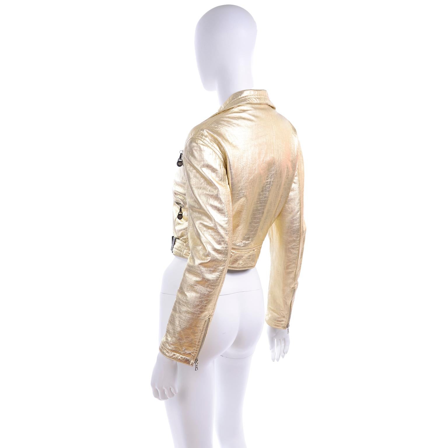 Women's Gianni Versace FW 1994 95 Runway Vintage Embossed Gold Cropped Moto Jacket  For Sale