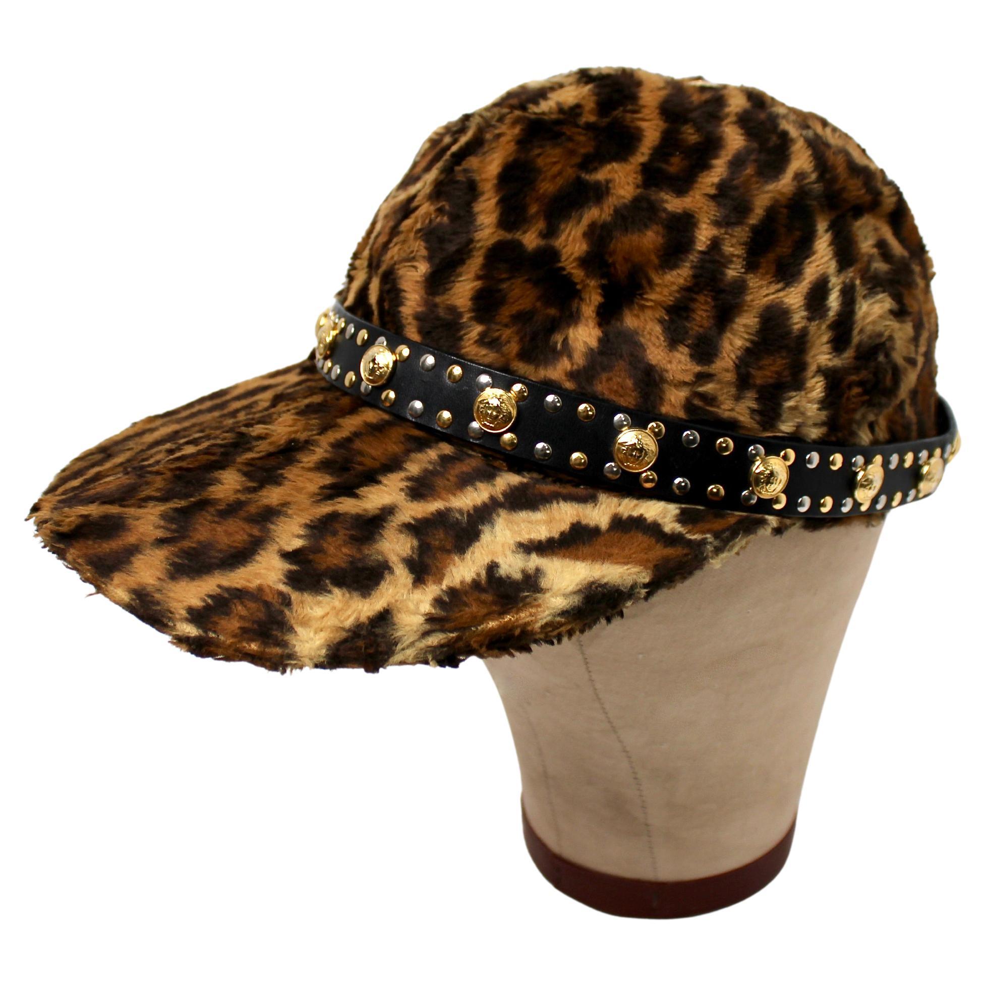 Gianni Versace Faux Leopard Print Belted Medusa Baseball Hat circa 1990s For Sale