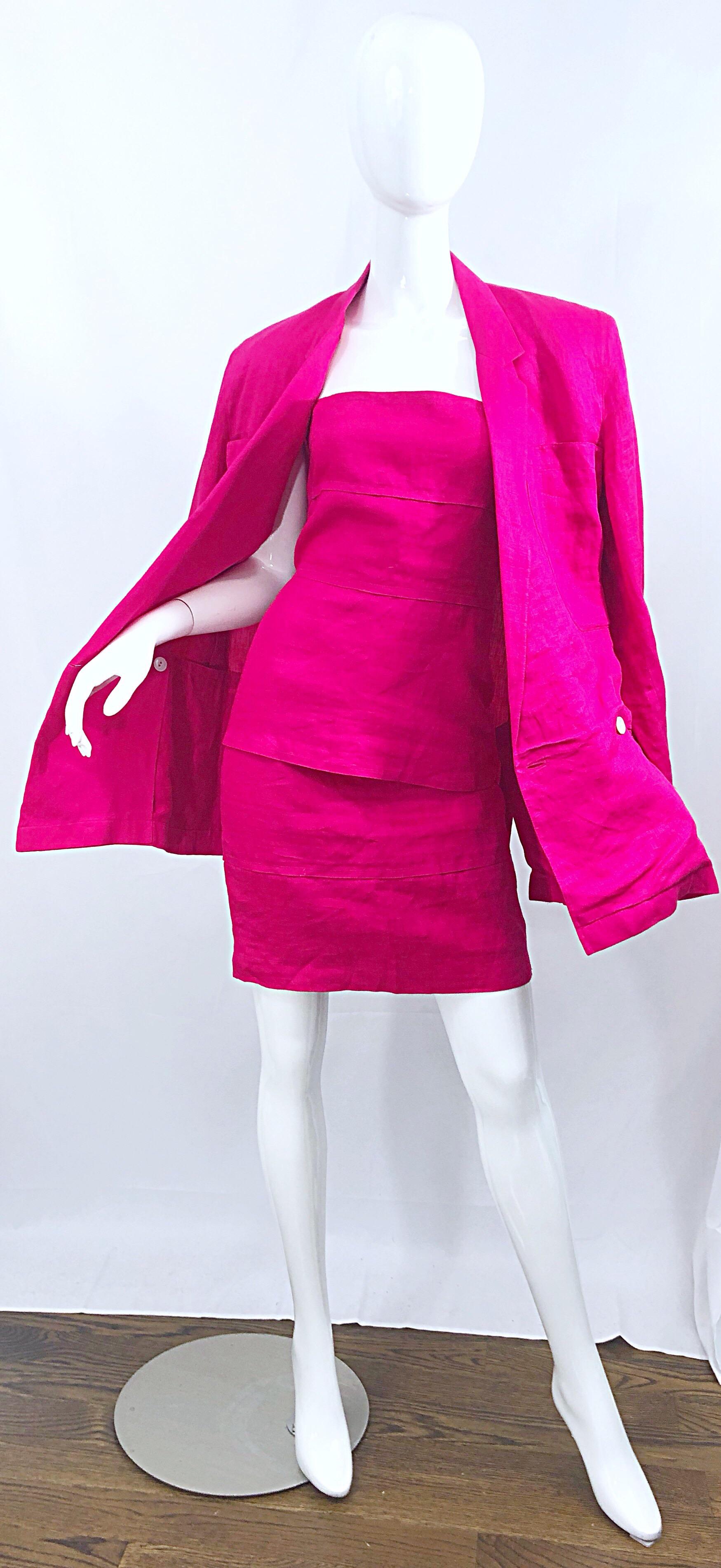 Gianni Versace for Genny 1980s Size 8 / 10 Hot Pink Linen Dress and Jacket Set For Sale 4