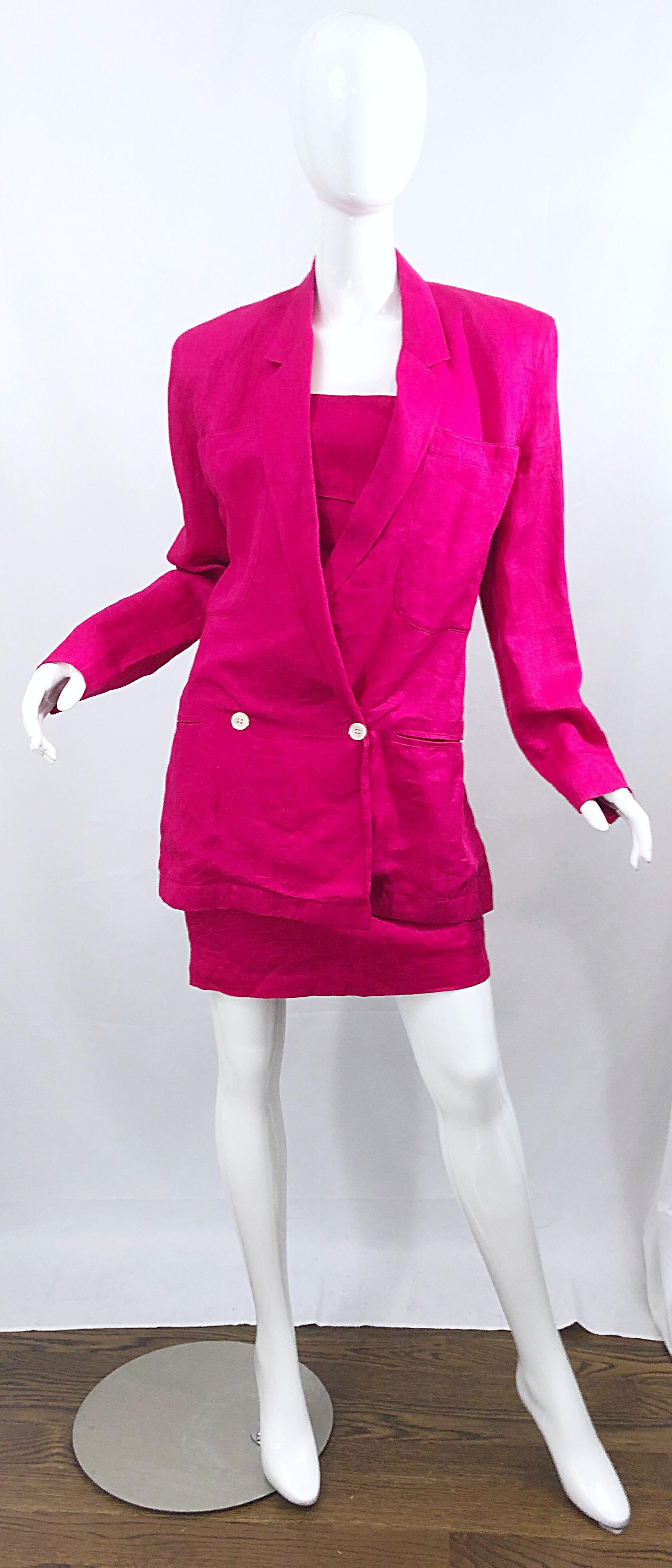 Gianni Versace für Genny 1990er Jahre Größe 8 / 10 Hot Pink Leinenkleid und Jacke Set Damen im Angebot