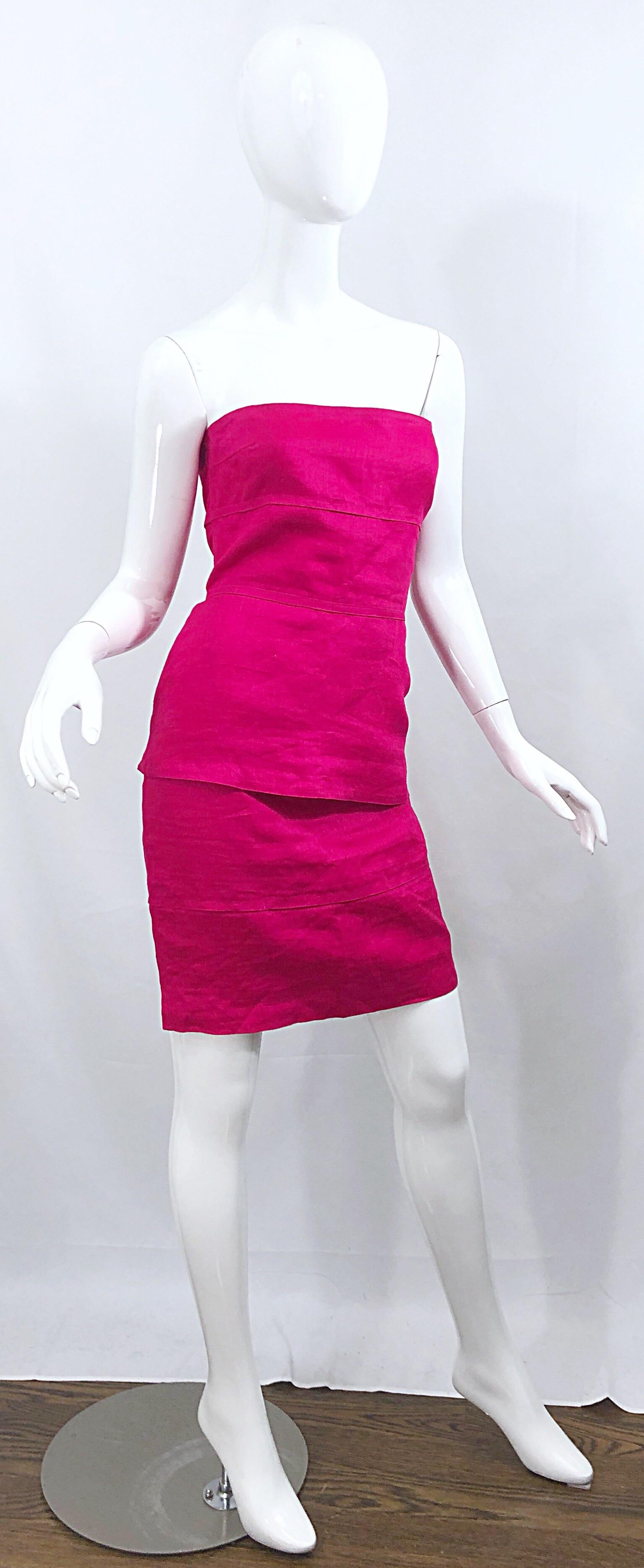 Gianni Versace für Genny 1990er Jahre Größe 8 / 10 Hot Pink Leinenkleid und Jacke Set im Angebot 1