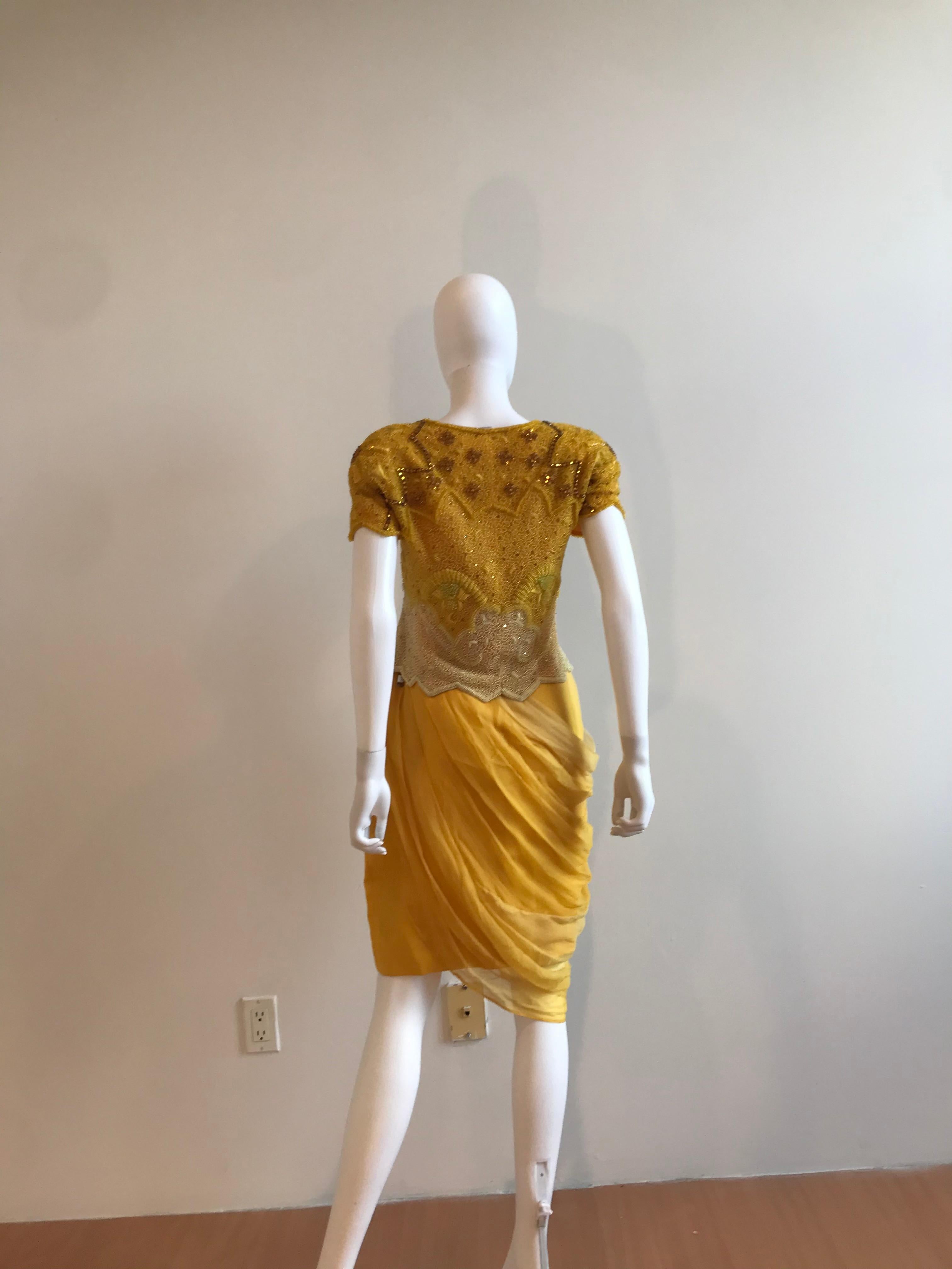 Gianni Versace for Genny Yellow Beaded Jacket and Chiffon Skirt Ensemble For Sale 5