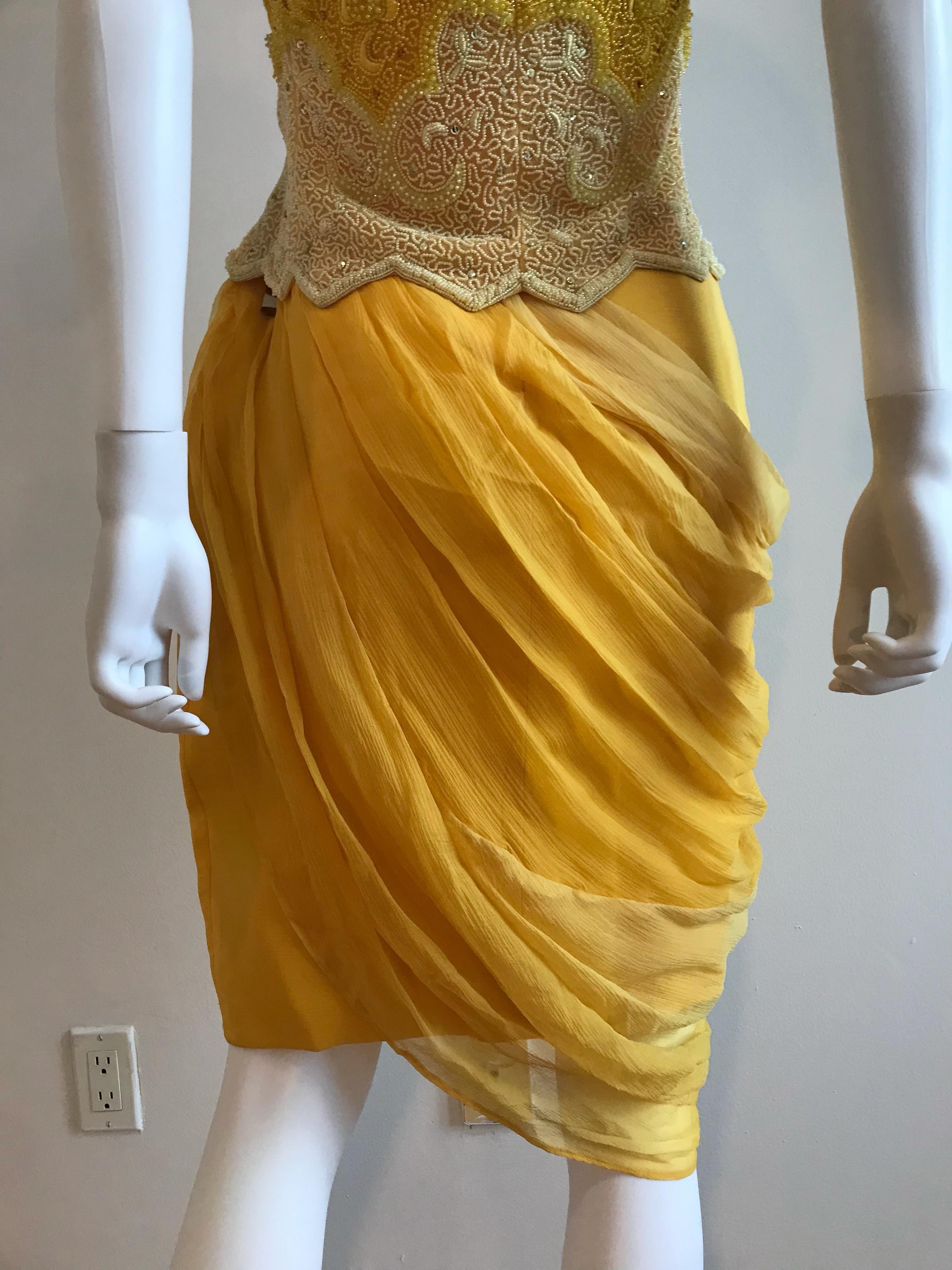 Gianni Versace for Genny Yellow Beaded Jacket and Chiffon Skirt Ensemble For Sale 8