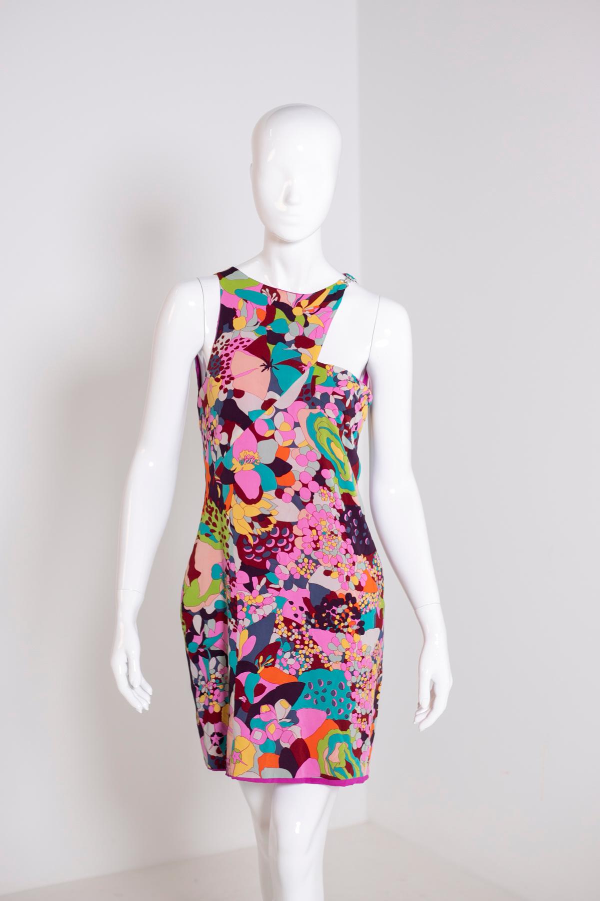 Gianni Versace Fuchsia Floral One Shoulder Dress For Sale 1