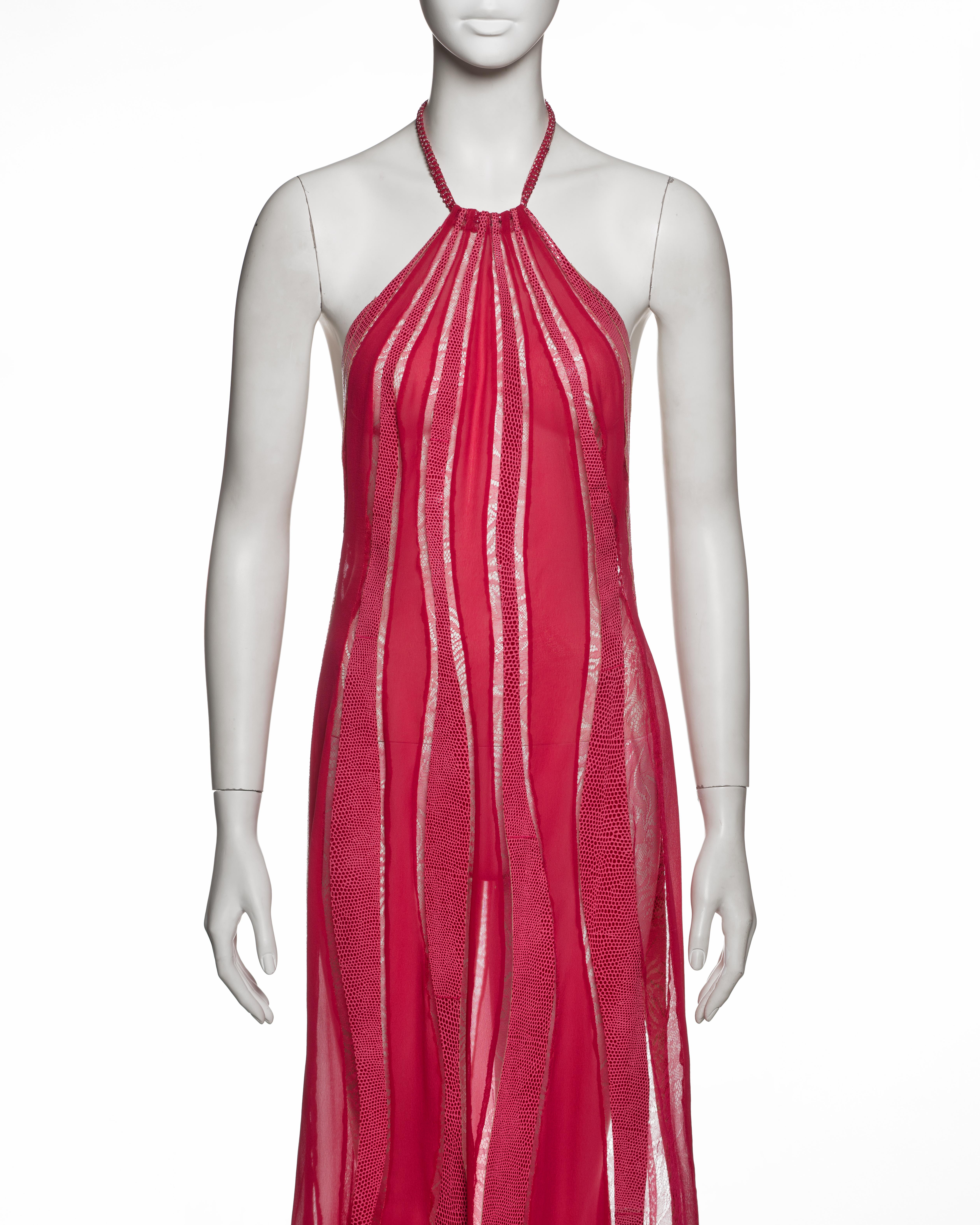 Rouge Robe de soirée Gianni Versace en soie fuchsia avec panneaux en cuir et dentelle, FW 2000 en vente