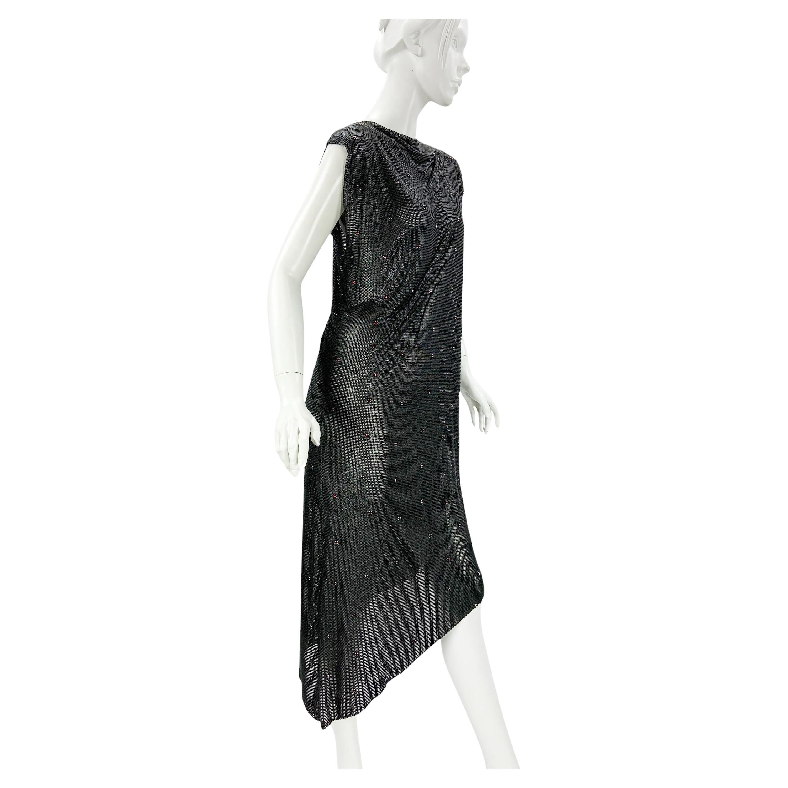 Gianni Versace FW 1983 Oroton Metal Mesh Red Crystals Black Asymmetrical Dress M