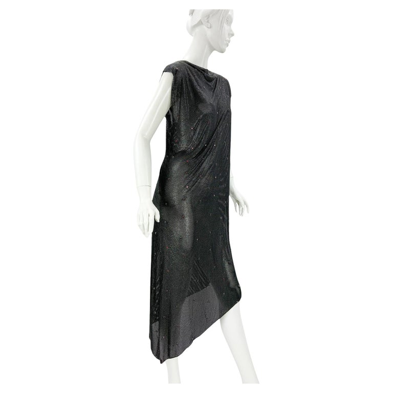 Gianni Versace FW 1983 Oroton Metal Mesh Red Crystals Black Asymmetrical  Dress M For Sale at 1stDibs