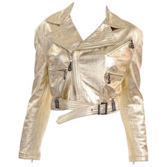 Gianni Versace FW 1994 95 Runway Vintage Embossed Gold Cropped Moto Jacket