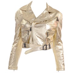 Gianni Versace FW 1994 95 Runway Retro Embossed Gold Cropped Moto Jacket 