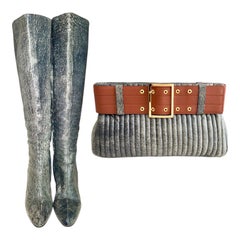 GIANNI VERSACE FW 2001 Demin Style Distressed Leather Clutch Bag & Boots Set