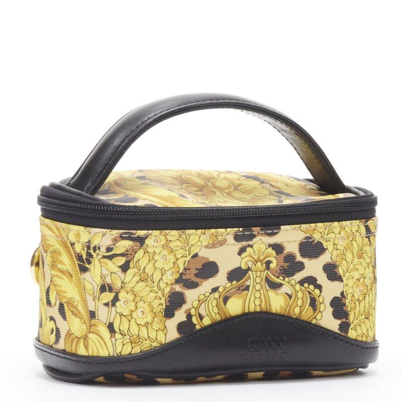 Brown GIANNI VERSACE gold barocco baroque leopard print leather top handle micro bag For Sale