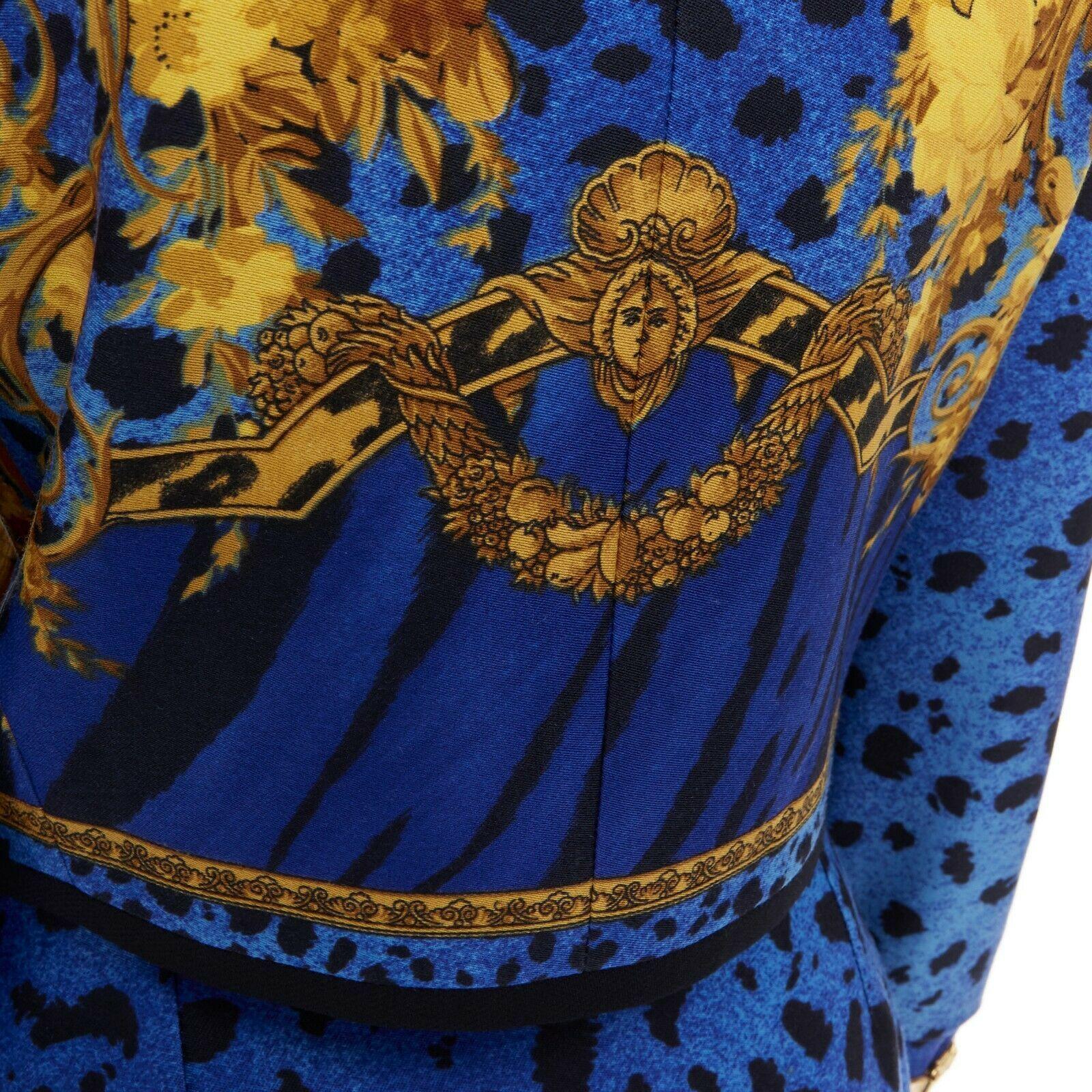 GIANNI VERSACE gold baroque print blue leopard Medusa button jacket skirt set XS 3