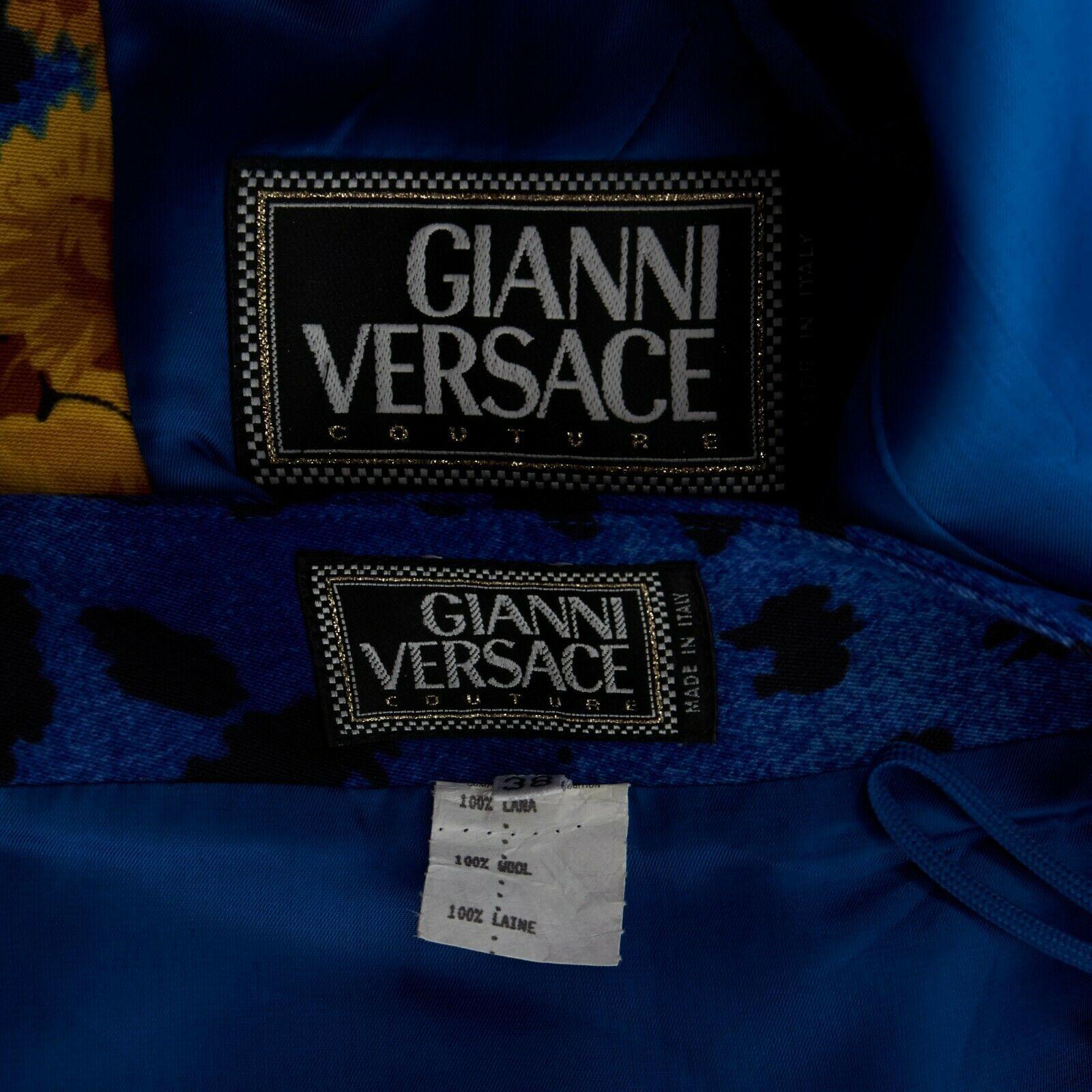 GIANNI VERSACE gold baroque print blue leopard Medusa button jacket skirt set XS 4