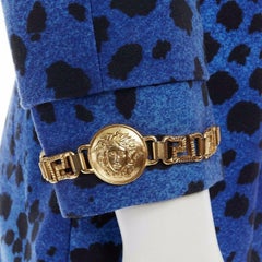 GIANNI VERSACE gold baroque print blue leopard Medusa button jacket skirt set XS