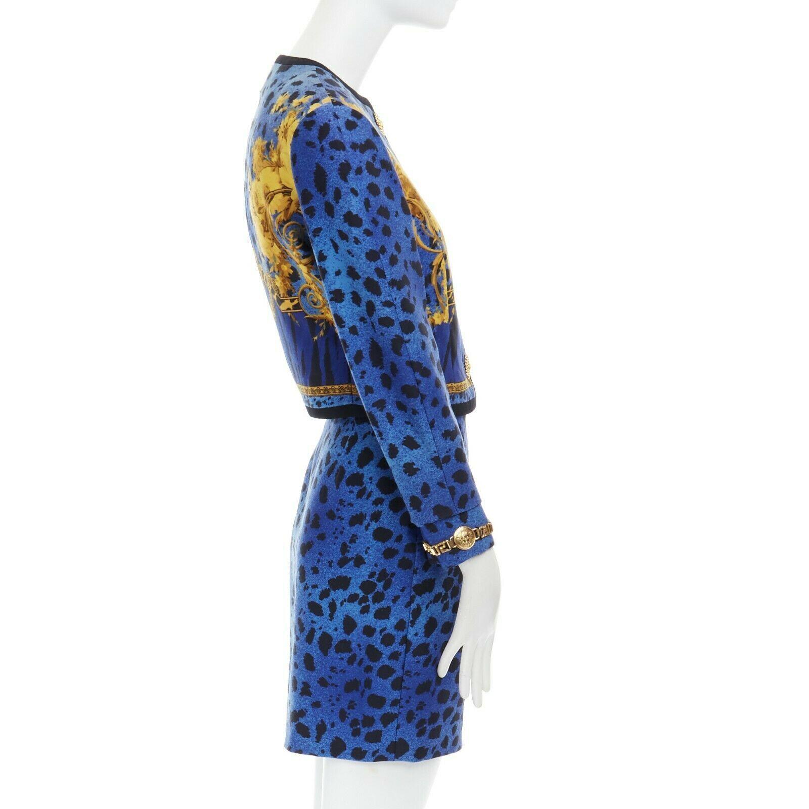 Purple GIANNI VERSACE gold baroque print blue leopard Medusa button jacket skirt set XS