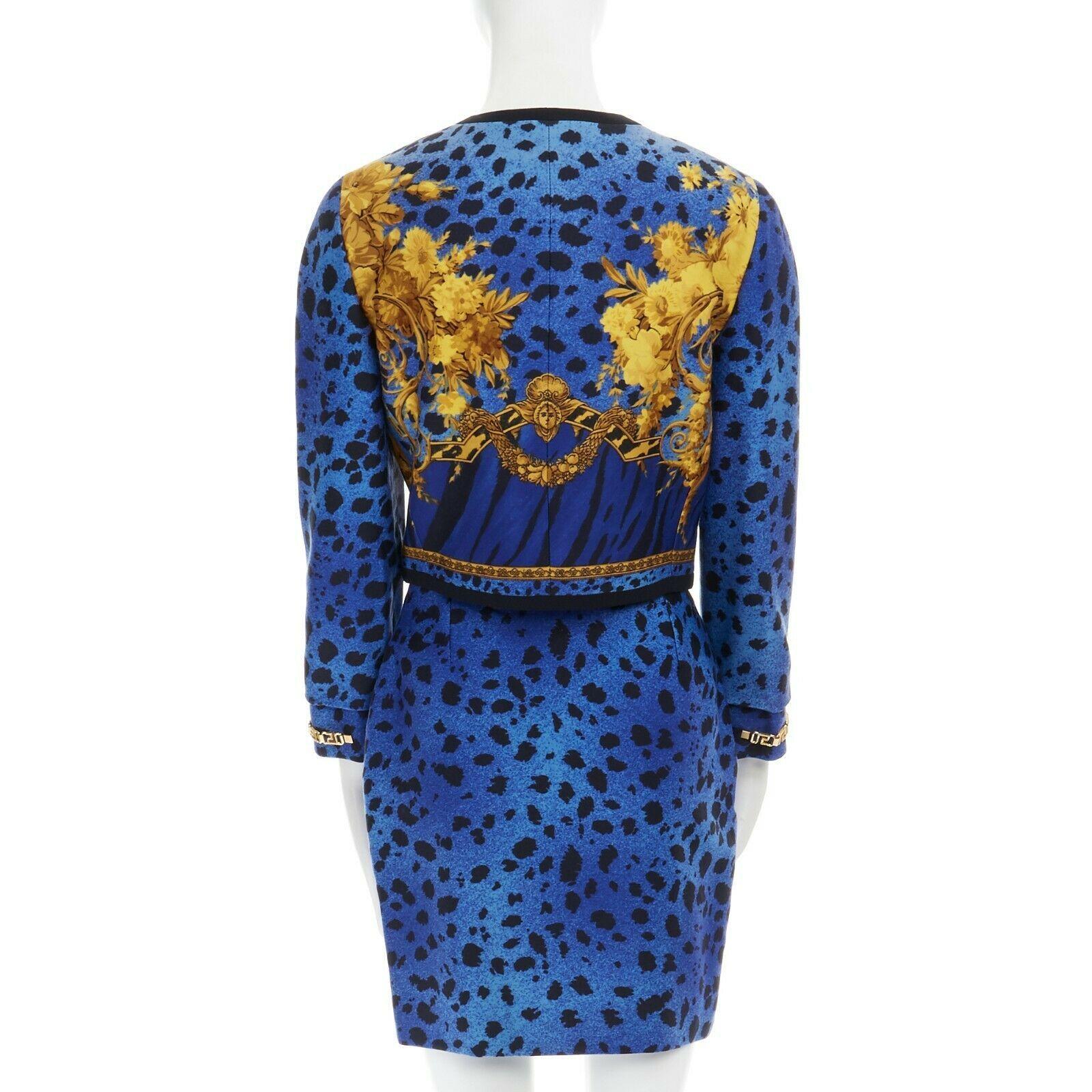 GIANNI VERSACE gold baroque print blue leopard Medusa button jacket skirt set XS In Excellent Condition In Hong Kong, NT