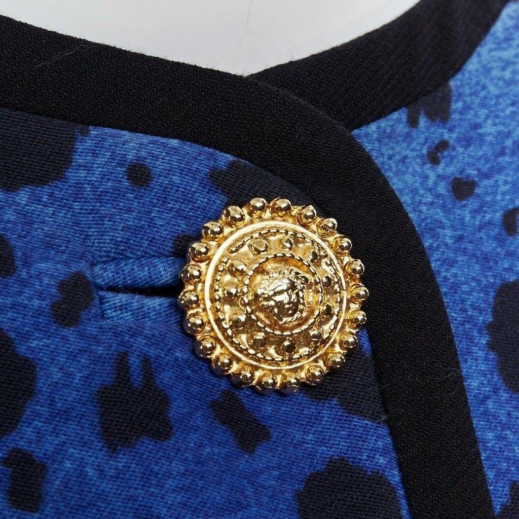 GIANNI VERSACE gold baroque print blue leopard Medusa button jacket skirt set XS 1