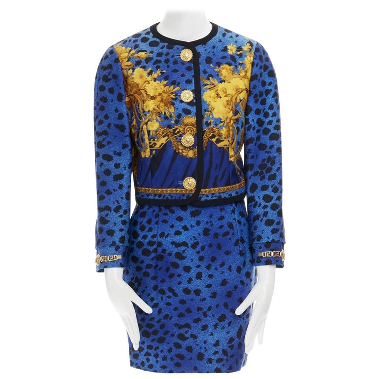 GIANNI VERSACE gold baroque print blue leopard Medusa button jacket skirt set XS For Sale