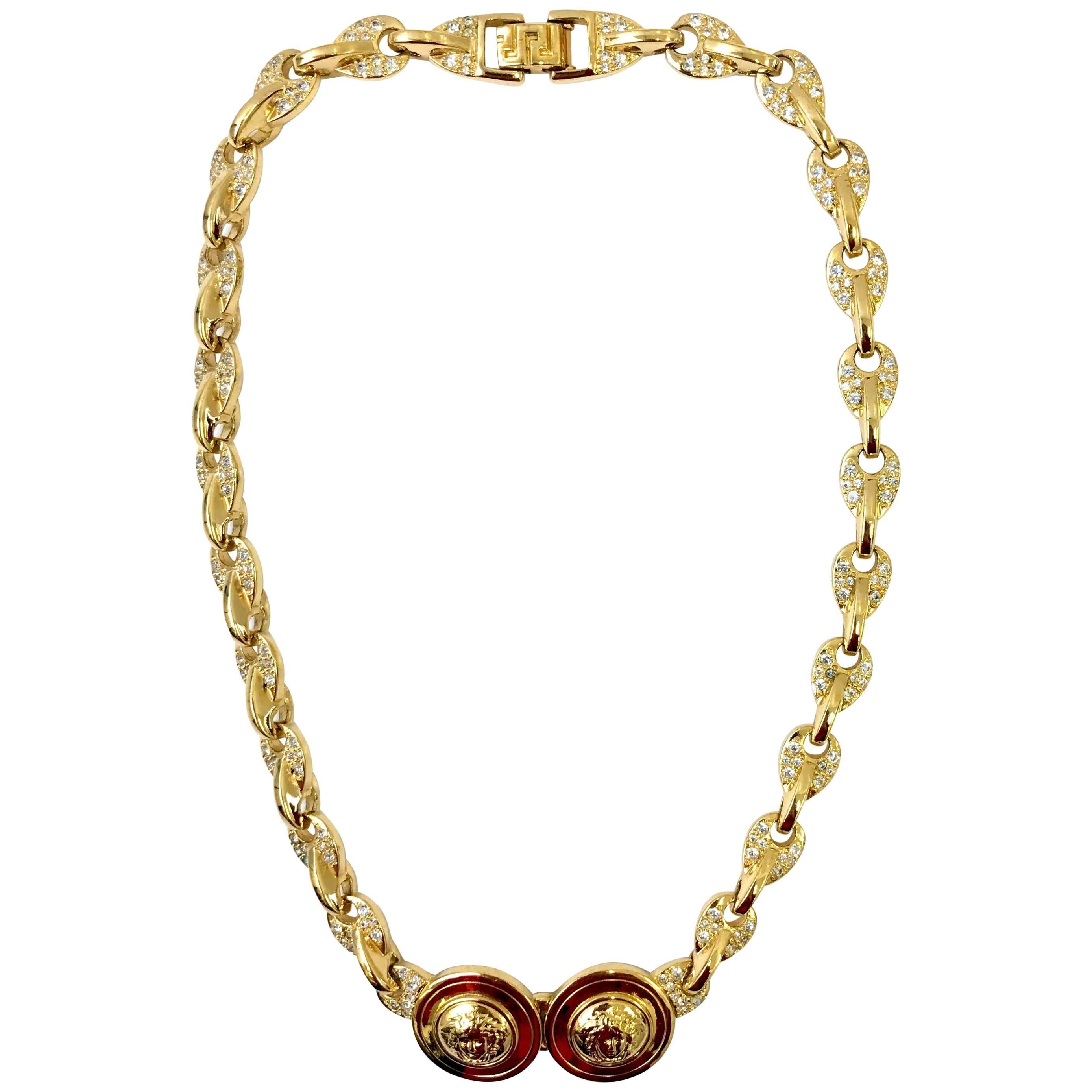 Gianni Versace gold double medusa head necklace with rhinestones, 1990s  For Sale