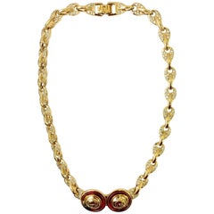 Used Gianni Versace gold double medusa head necklace with rhinestones, 1990s 