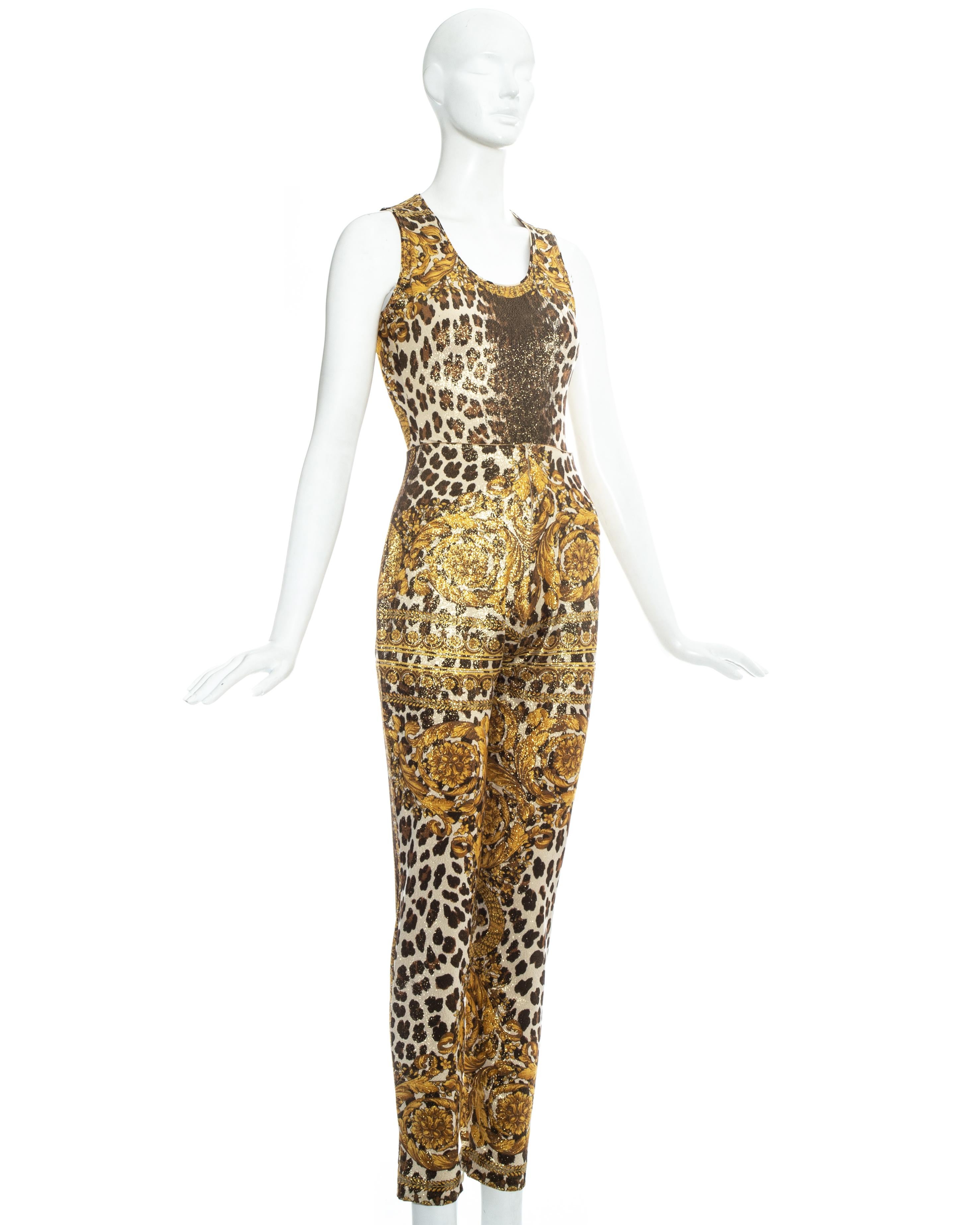 Brown Gianni Versace gold leopard printed bodysuit and pants, ss 1992 For Sale