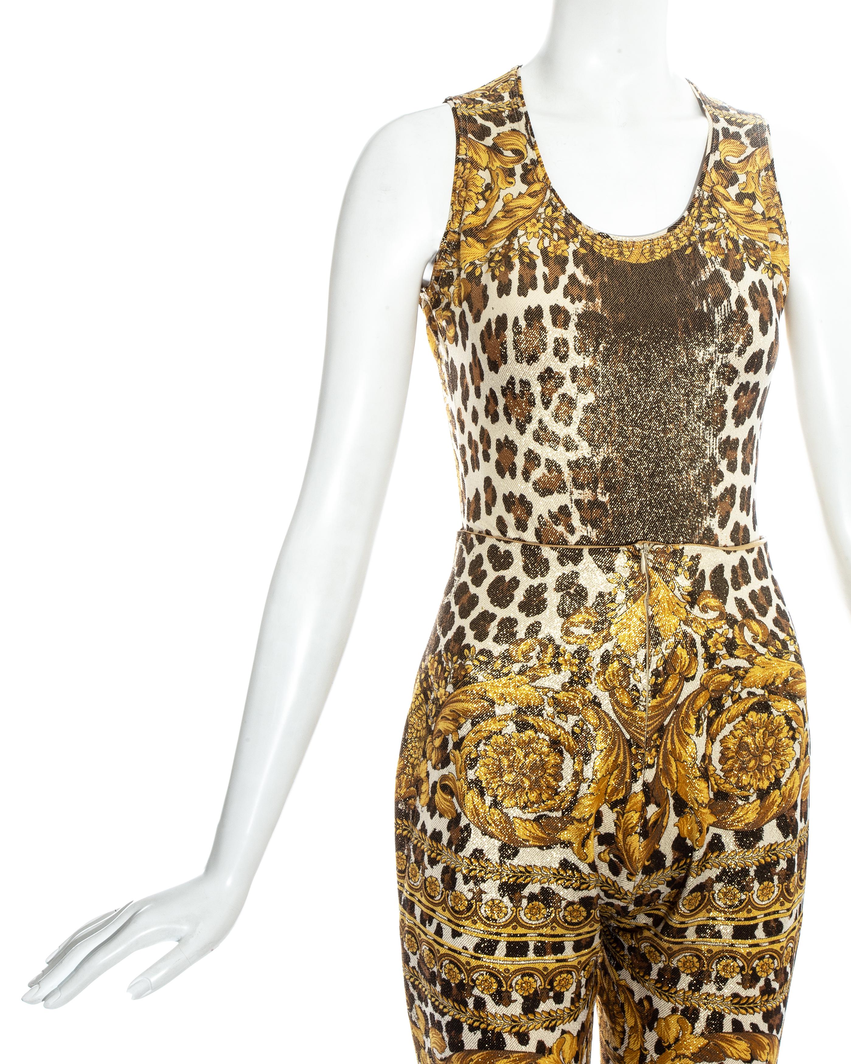 Women's or Men's Gianni Versace gold leopard printed bodysuit and pants, ss 1992 For Sale