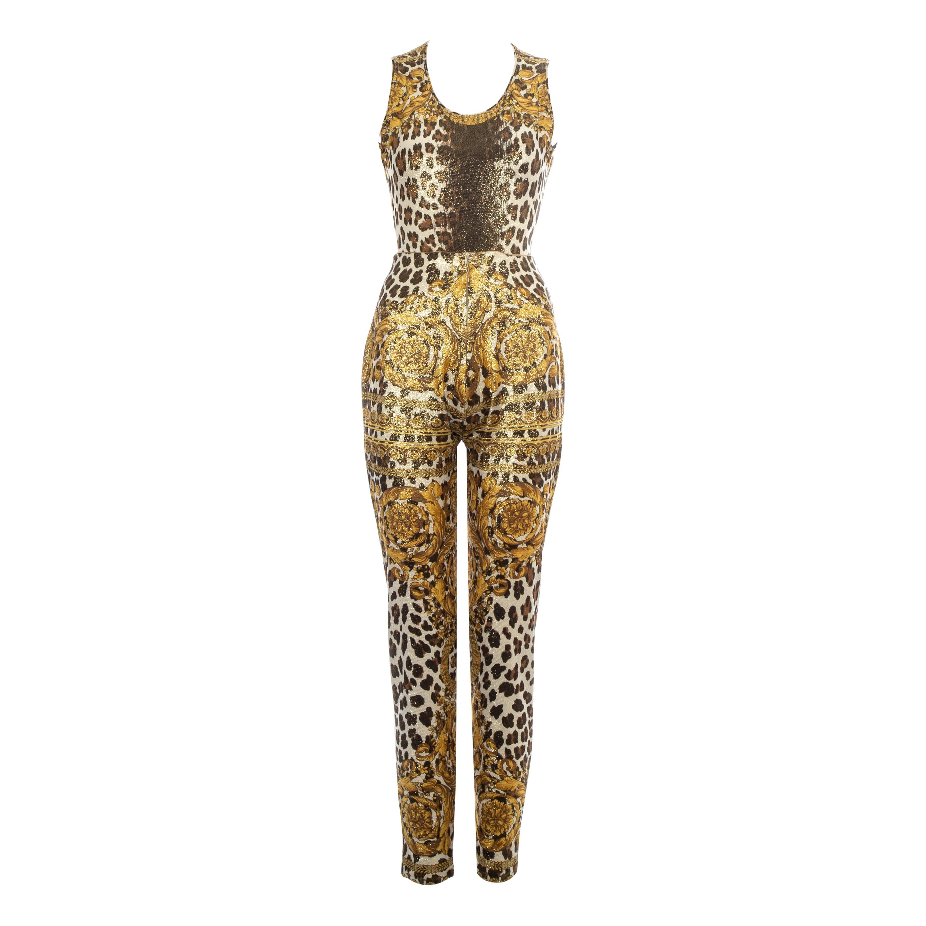 Body et pantalon à imprimé léopard doré Gianni Versace, P/E 1992