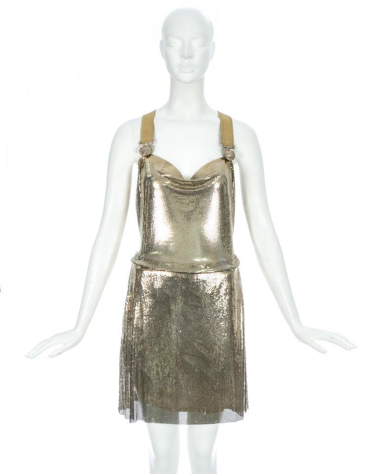 Gianni Versace gold metal mesh chainmail evening dress, fw 1994 at 1stDibs  | draped chainmail versace, gold versace chainmail mini dress, versace  draped chain mail