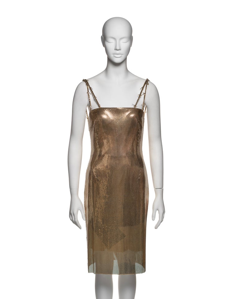versace metallic dress Versace Metal Mesh Slip Mini Dress, Female, Gold, 44