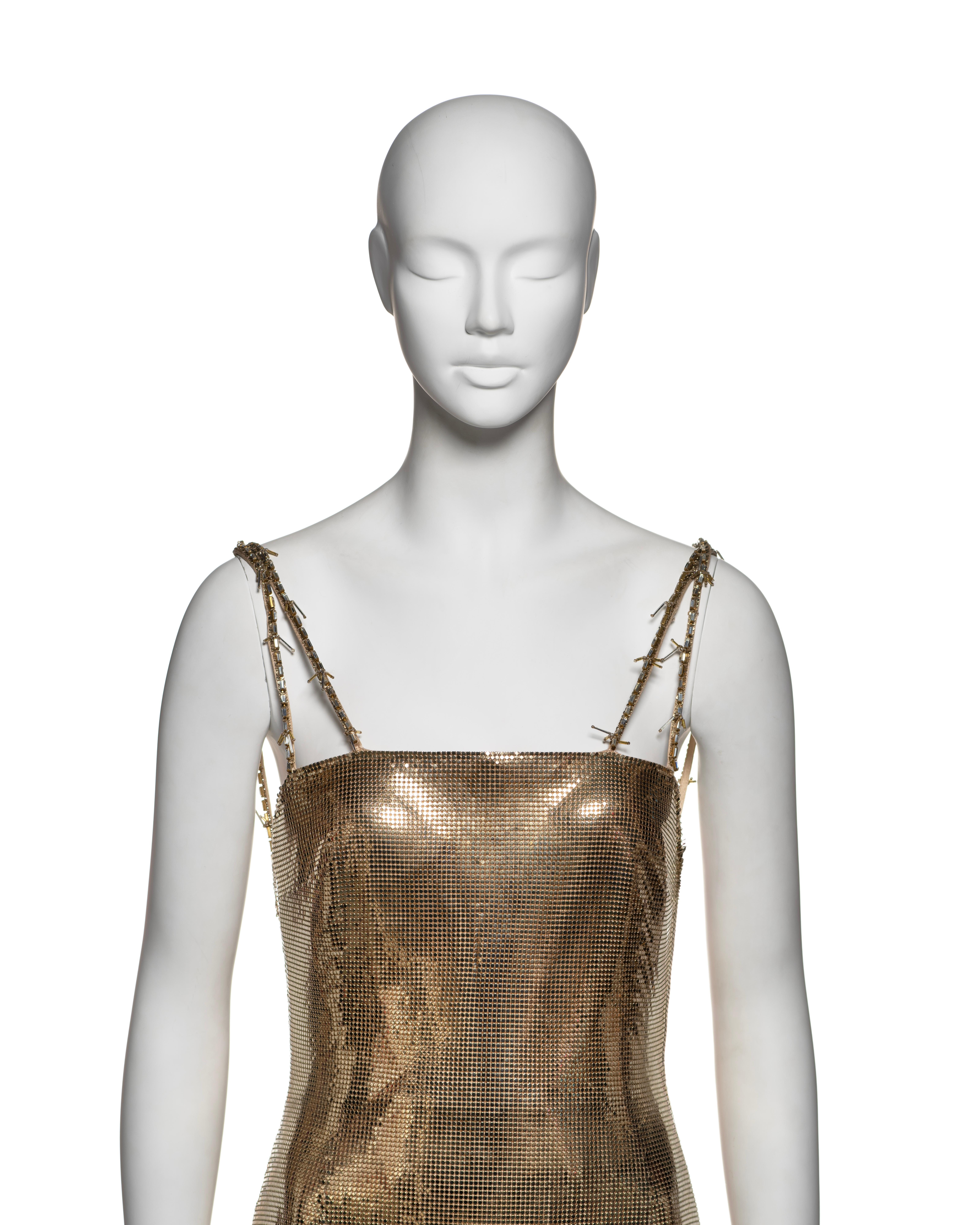 Gianni Versace Gold Metal Mesh Evening Dress with Crystal Barbed Straps, FW 1998 In Excellent Condition In London, GB