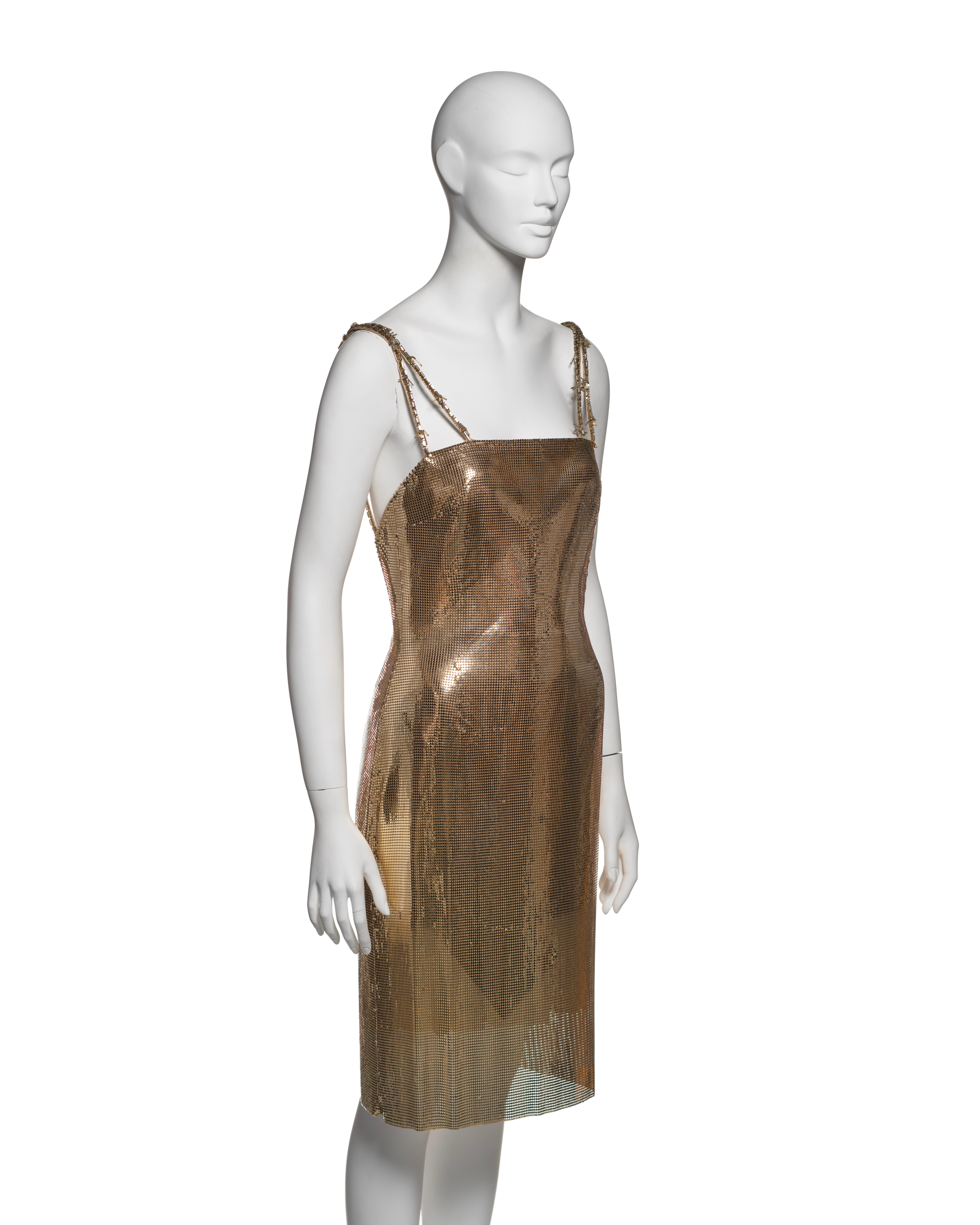 Women's Gianni Versace Gold Metal Mesh Evening Dress with Crystal Barbed Straps, FW 1998
