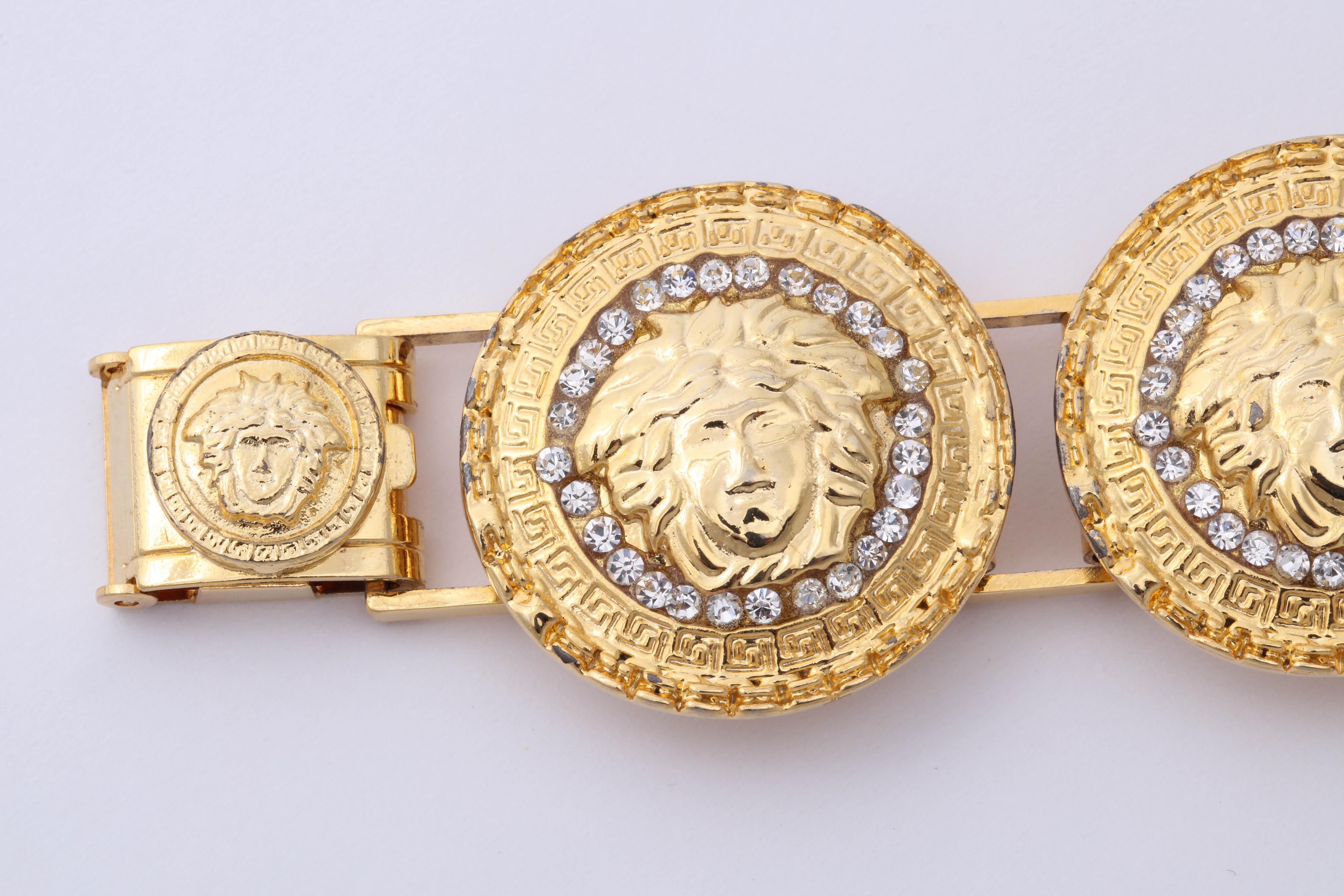 Gianni Versace Gold Toned Bracelet With 6 Medusas and Rhinestones In Good Condition For Sale In Chicago, IL
