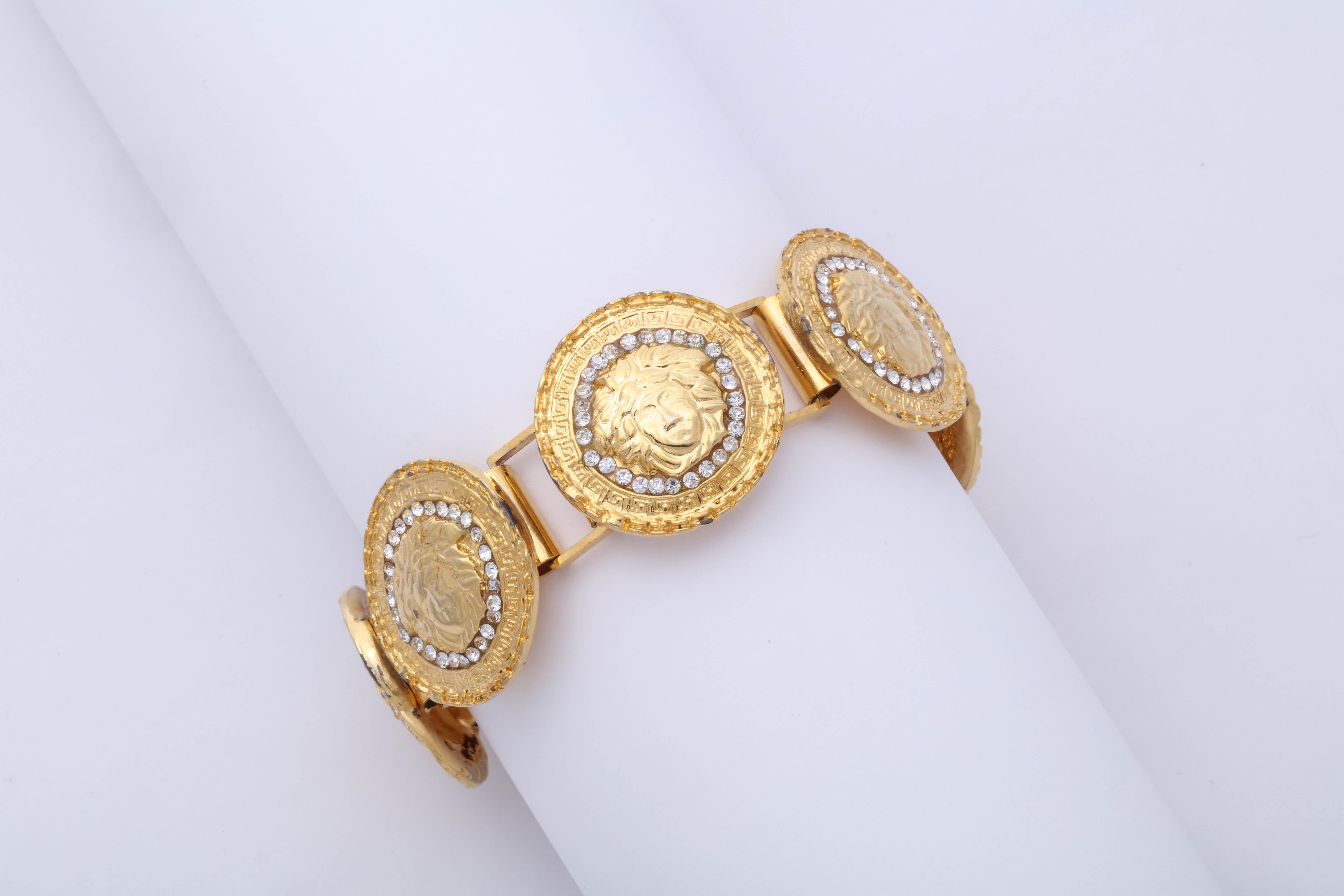 Gianni Versace Gold Toned Bracelet With 6 Medusas and Rhinestones For Sale 3