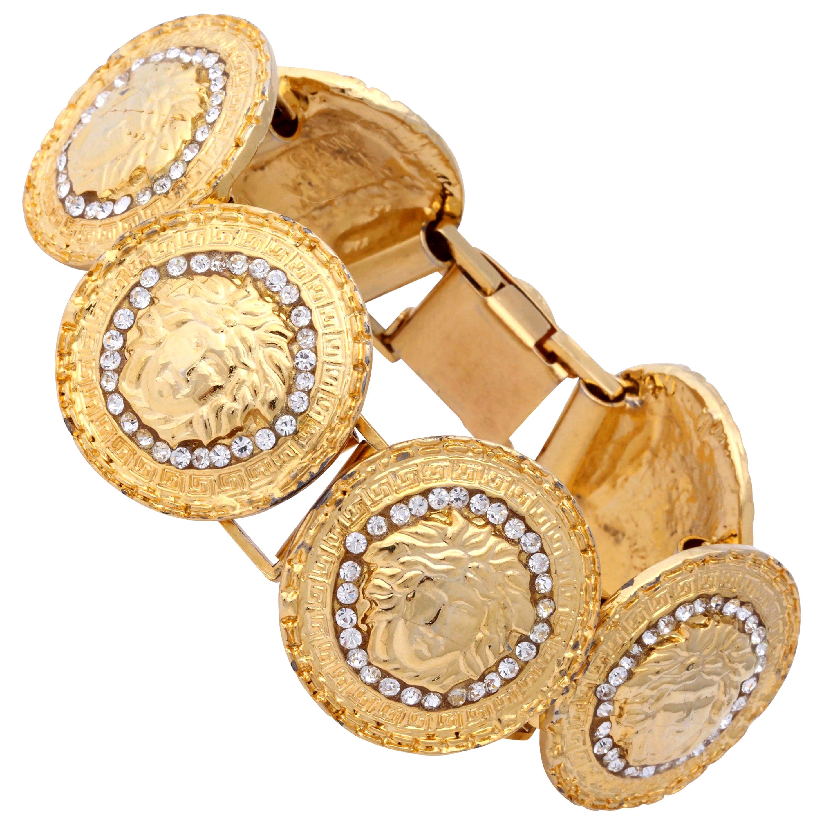 Gianni Versace Gold Toned Bracelet With 6 Medusas and Rhinestones For Sale