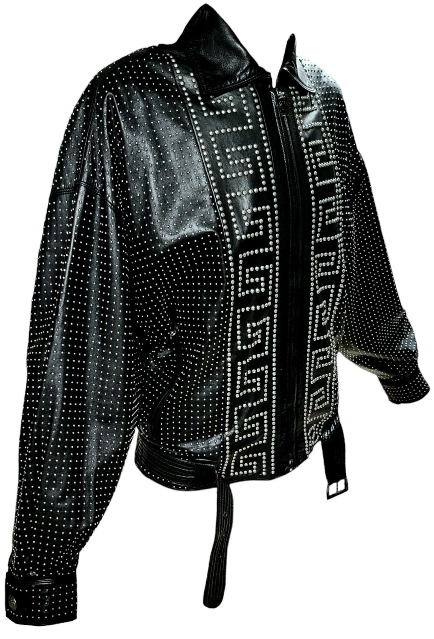 S/S 1992 Gianni Versace Greek Key Studded Leather Jacket For Sale 3