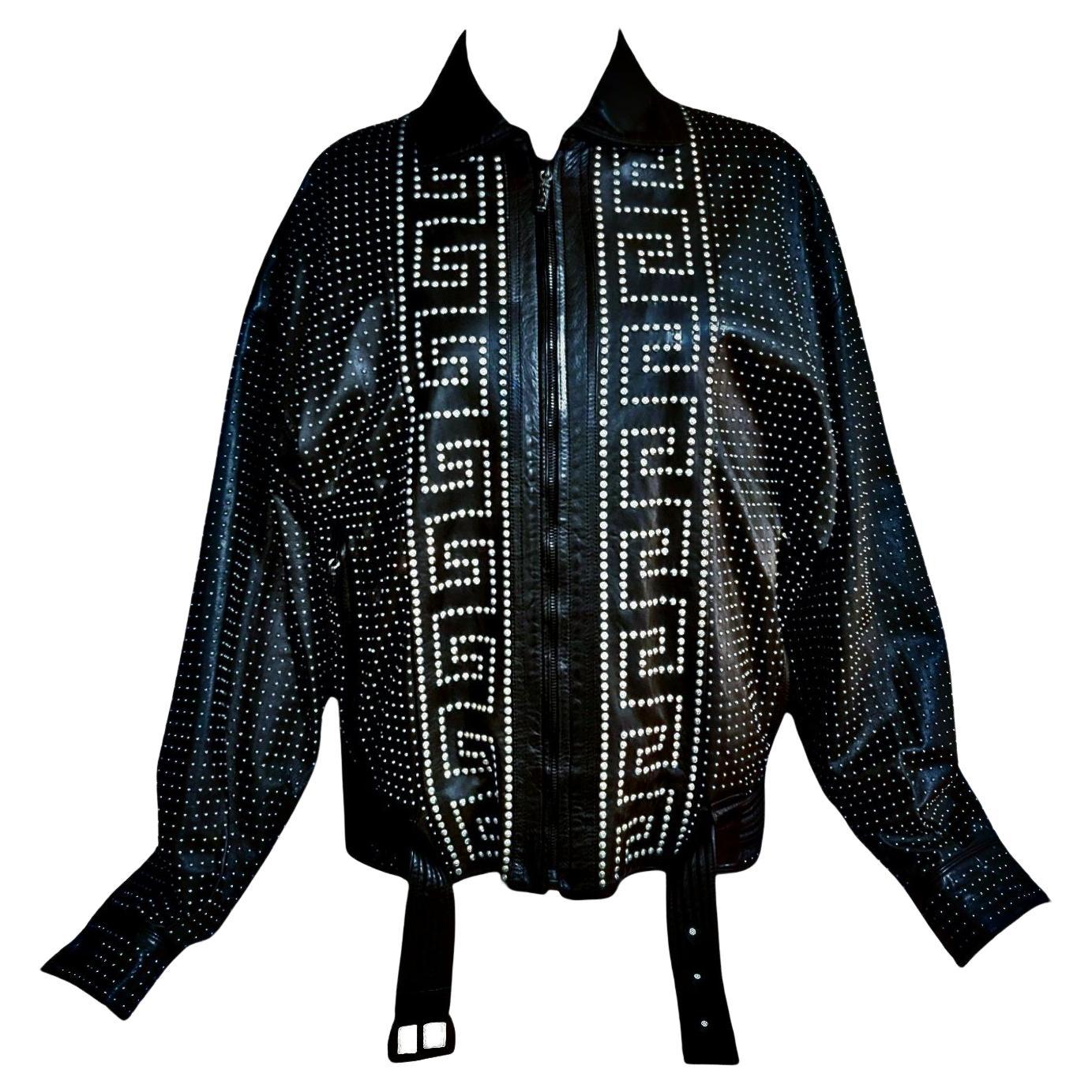 S/S 1992 Gianni Versace Greek Key Studded Leather Jacket For Sale