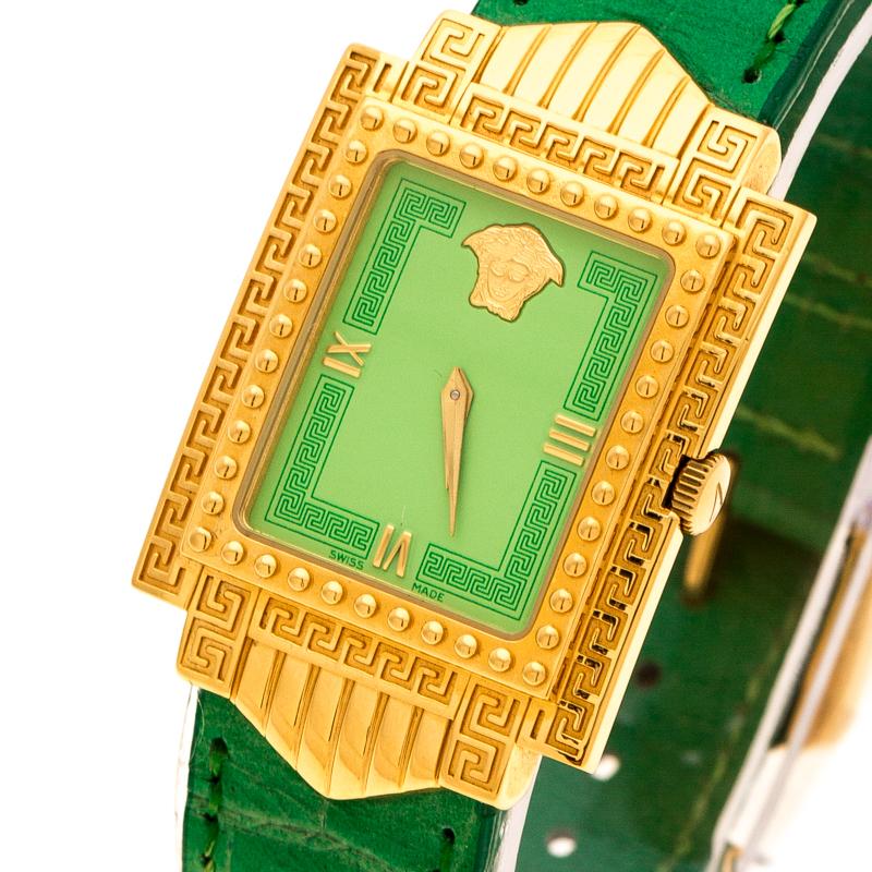 Contemporary Gianni Versace Green Gold Plated Signature Medusa  Women's Wristwatch 28 mm