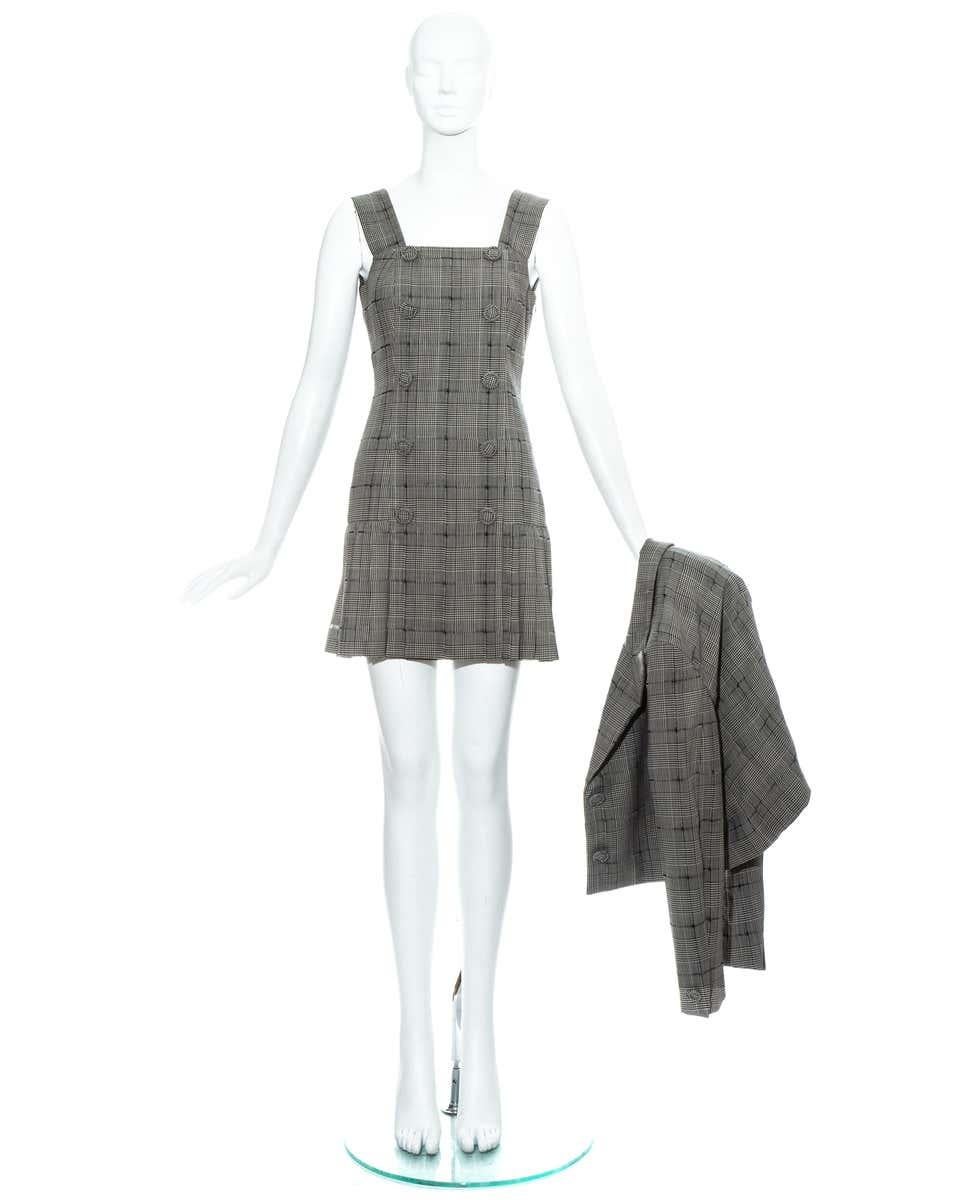 Jupe plissée et veste courte en laine à carreaux gris Gianni Versace, P/E 1994 Excellent état - En vente à London, GB