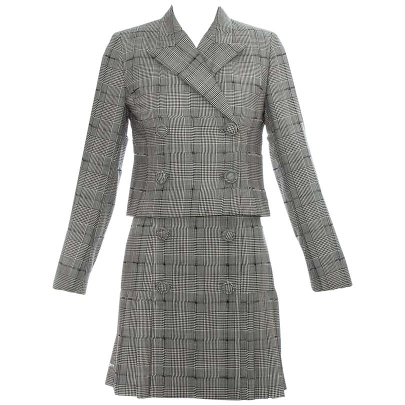 Jupe plissée et veste courte en laine à carreaux gris Gianni Versace, P/E 1994