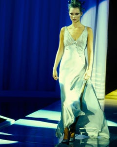 Gianni Versace grey silk and lace evening dress with high leg slit, ss 1997