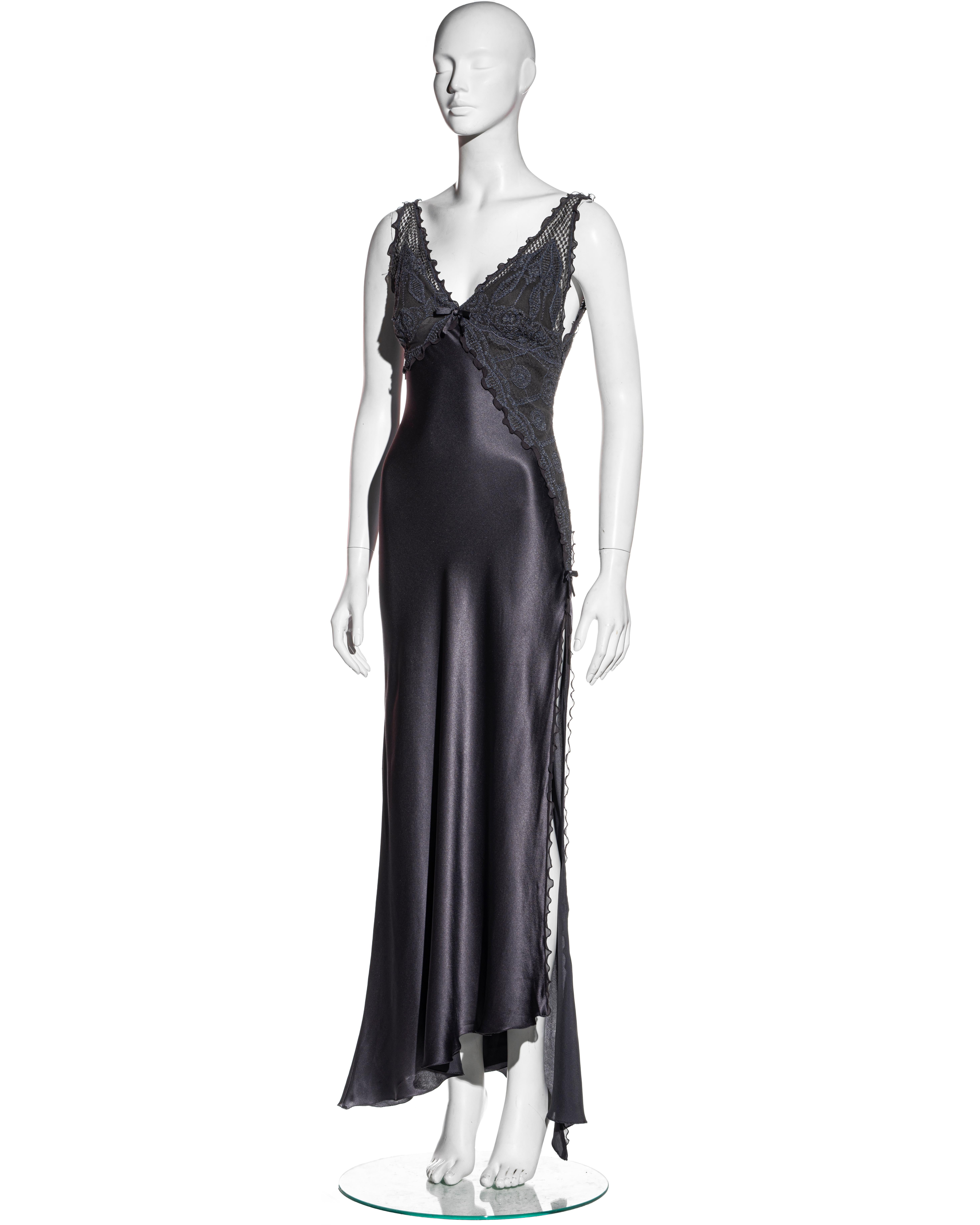 1990s gianni versace black silk chiffon & lace lingerie gown with high slit