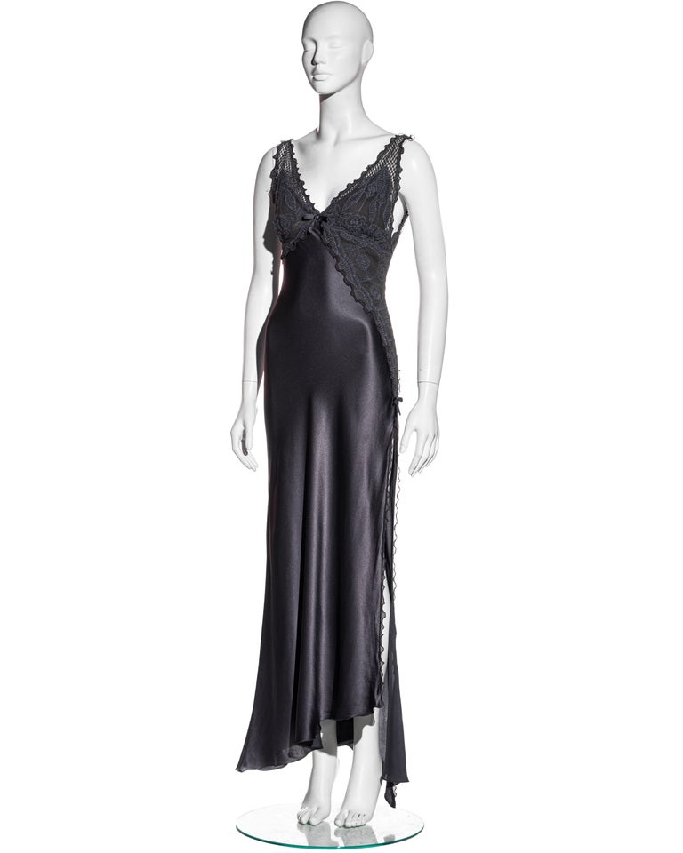 Gianni Versace grey silk and lace evening dress with high leg slit, ss ...