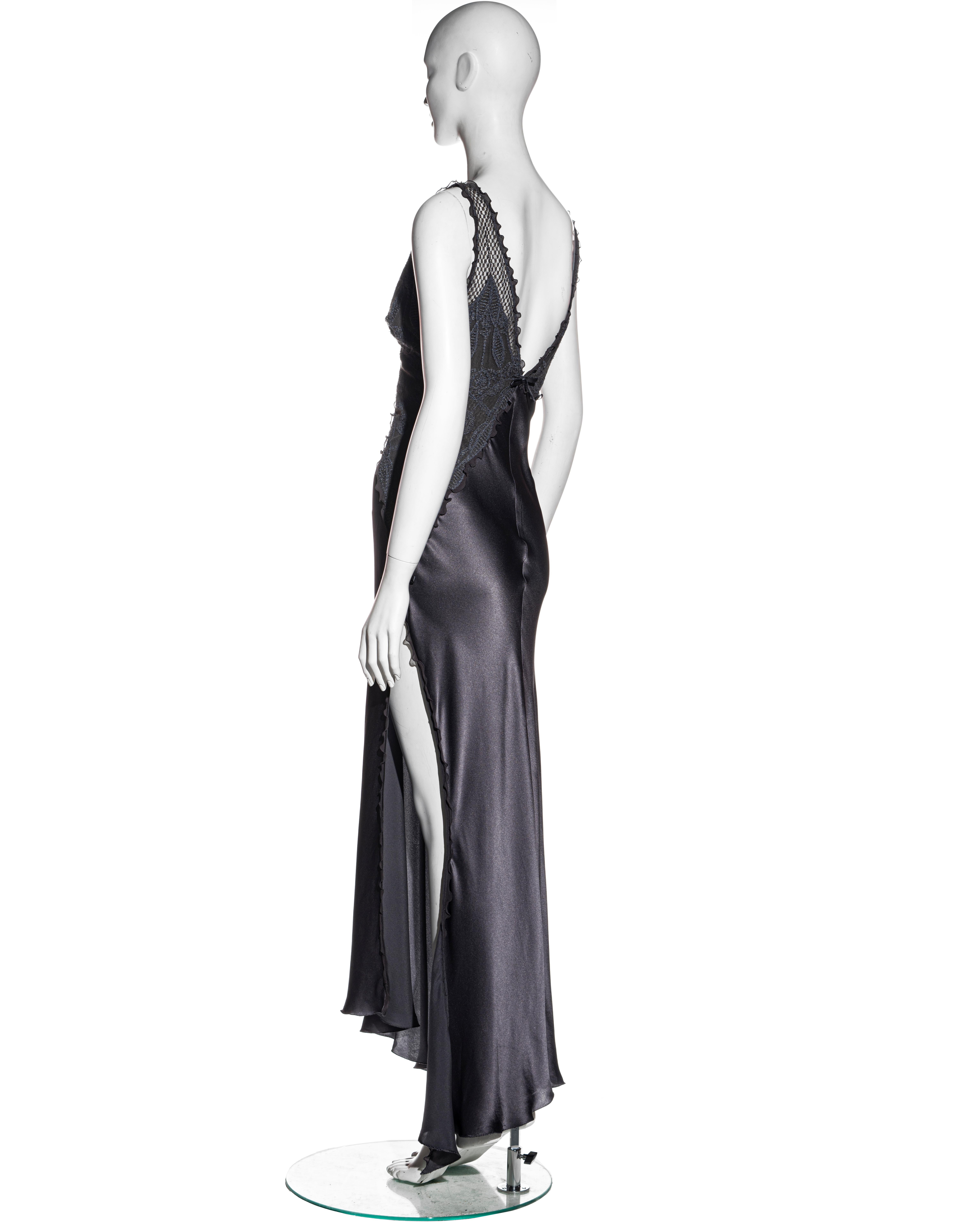 Black Gianni Versace grey silk and lace evening dress with high leg slit, ss 1997