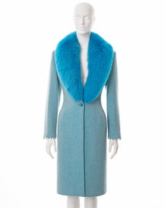 Gianni Versace herringbone tweed coat with blue fox fur collar, fw 1999
