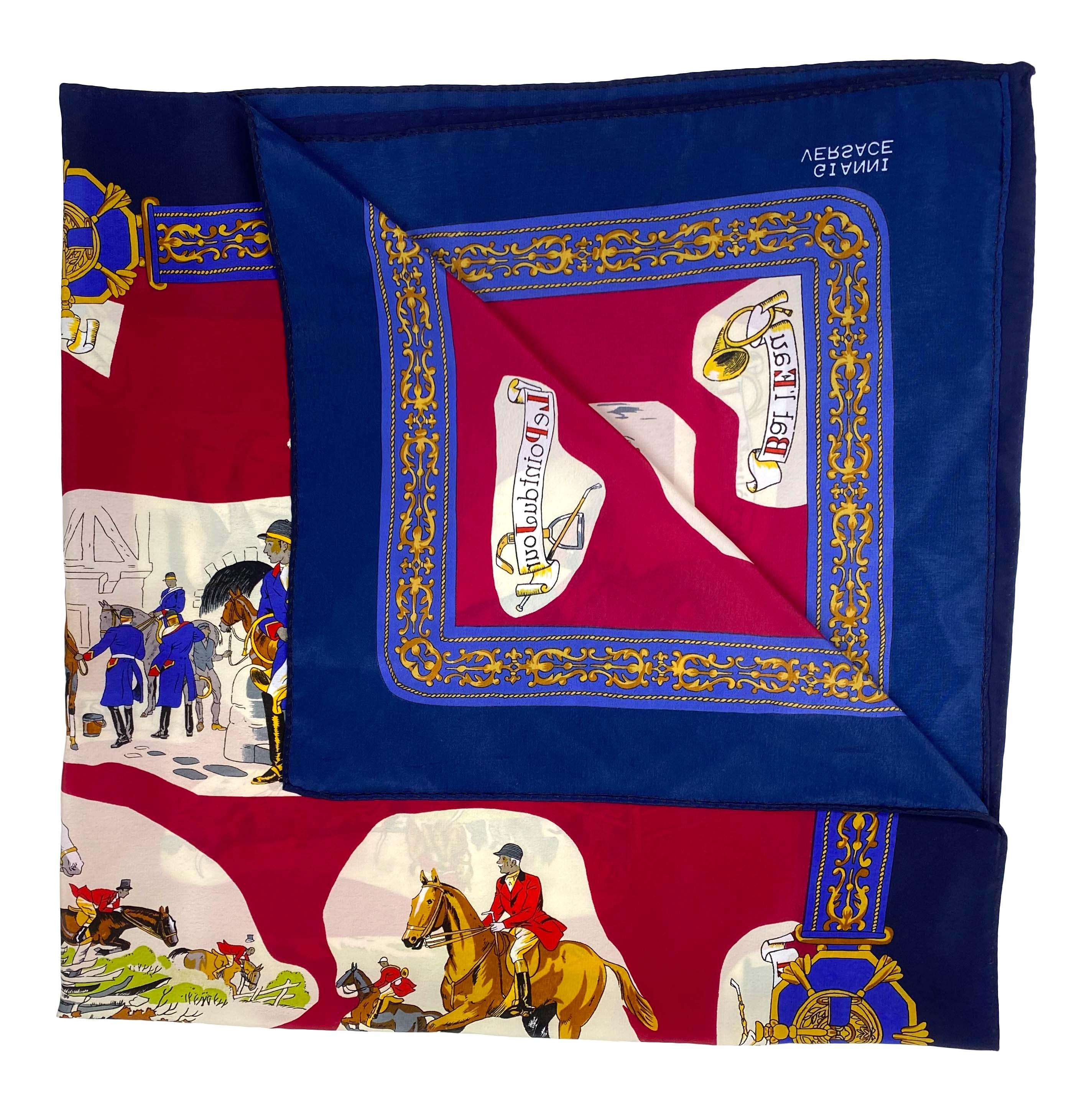 Presenting a hunting motif Gianni Versace scarf, designed by Gianni Versace. This scarf features deep reds and blues with vintage french hunting scenes. The perfect addition to any outfit or bag, this unique scarf is truly a work of art.